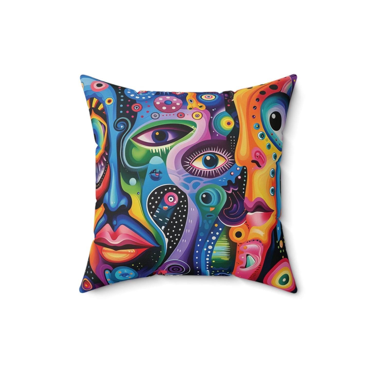 Psychedelic Visions Colorful Artistic Square Pillow | Vibrant Abstract Faces & Patterns Decor.