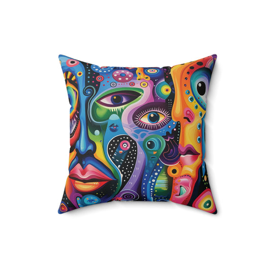 Psychedelic Visions Colorful Artistic Square Pillow | Vibrant Abstract Faces & Patterns Decor.