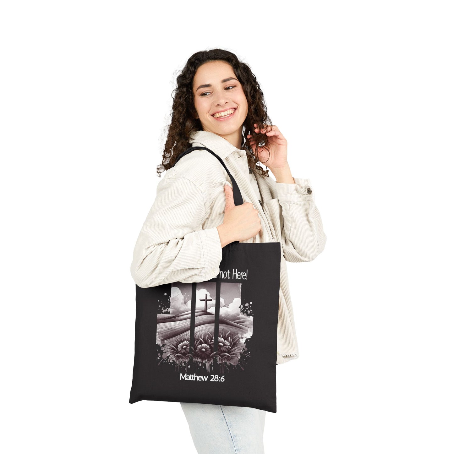 Inspirational Cotton Canvas Tote Bag - 'True Story, He's not Here!' with Matthew 28:6