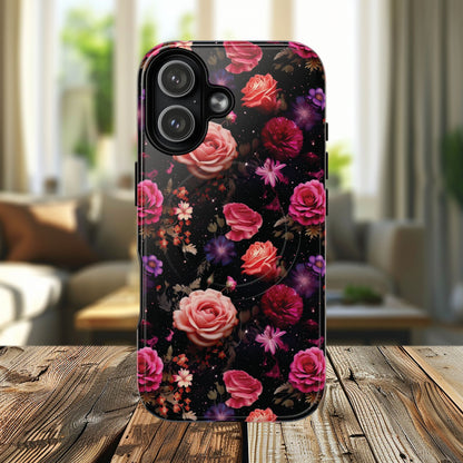 Starry Rose Garden Tough Magnetic Phone Case, Stylish Phone Cover, Gift for Her, Elegant Floral Design, Durable Phone Accessories
