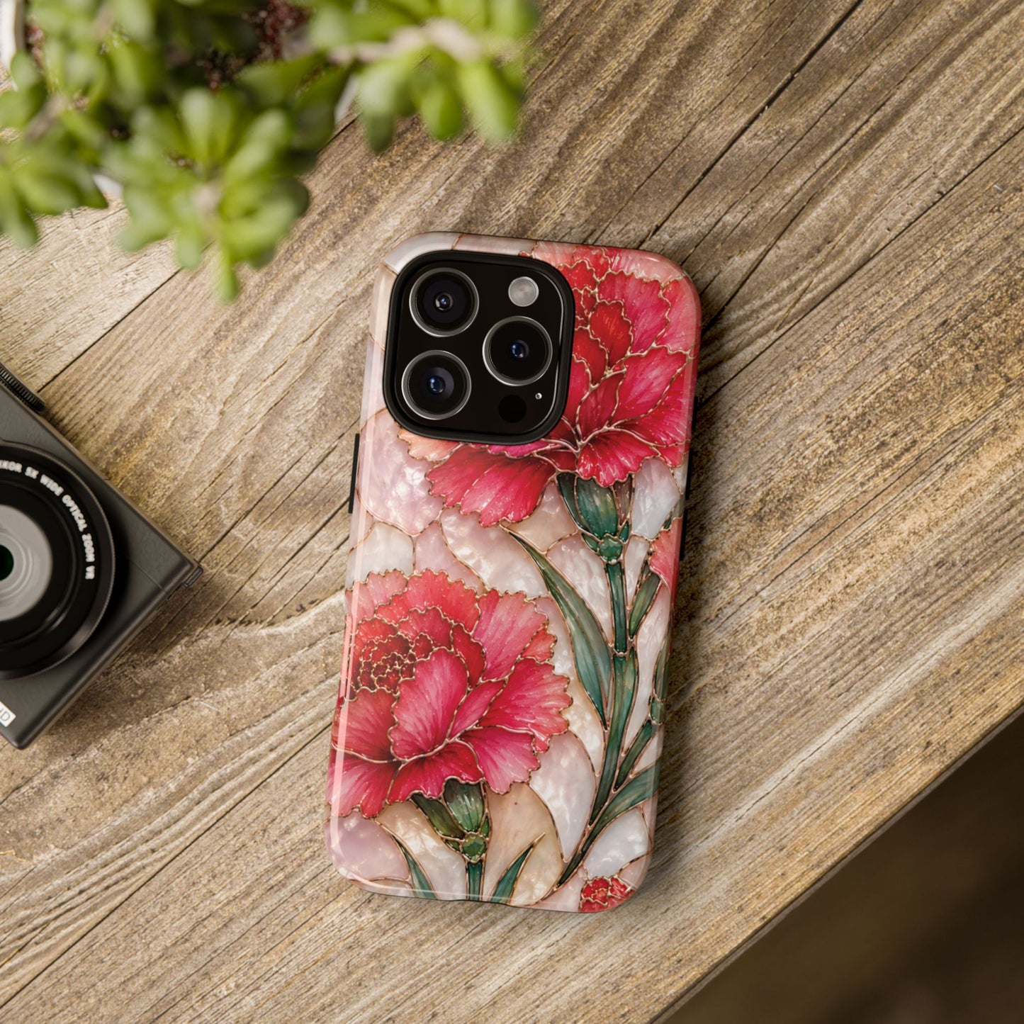 Stained Glass Effect Carnation Floral Tough Phone Case – Pink Vintage Botanical Protective Cover