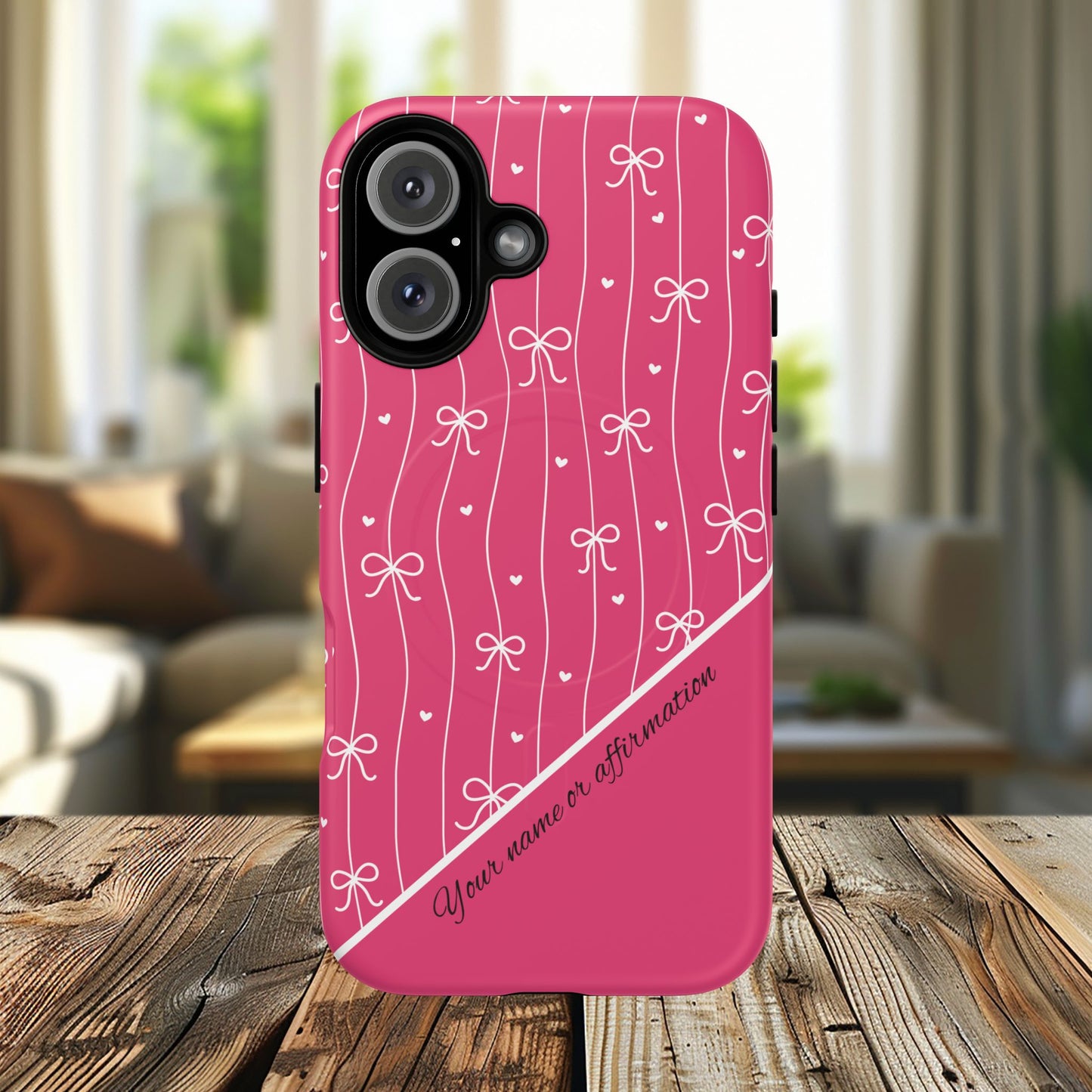 Pink Bow Coquette Magnetic Tough Magnetic MagSafe®  Case — (Add Name or Affirmation)-iPhone® 13, 14, iPhone 15, iPhone 16, iPhone 17, Pro, Pro Max, Plus Cases.