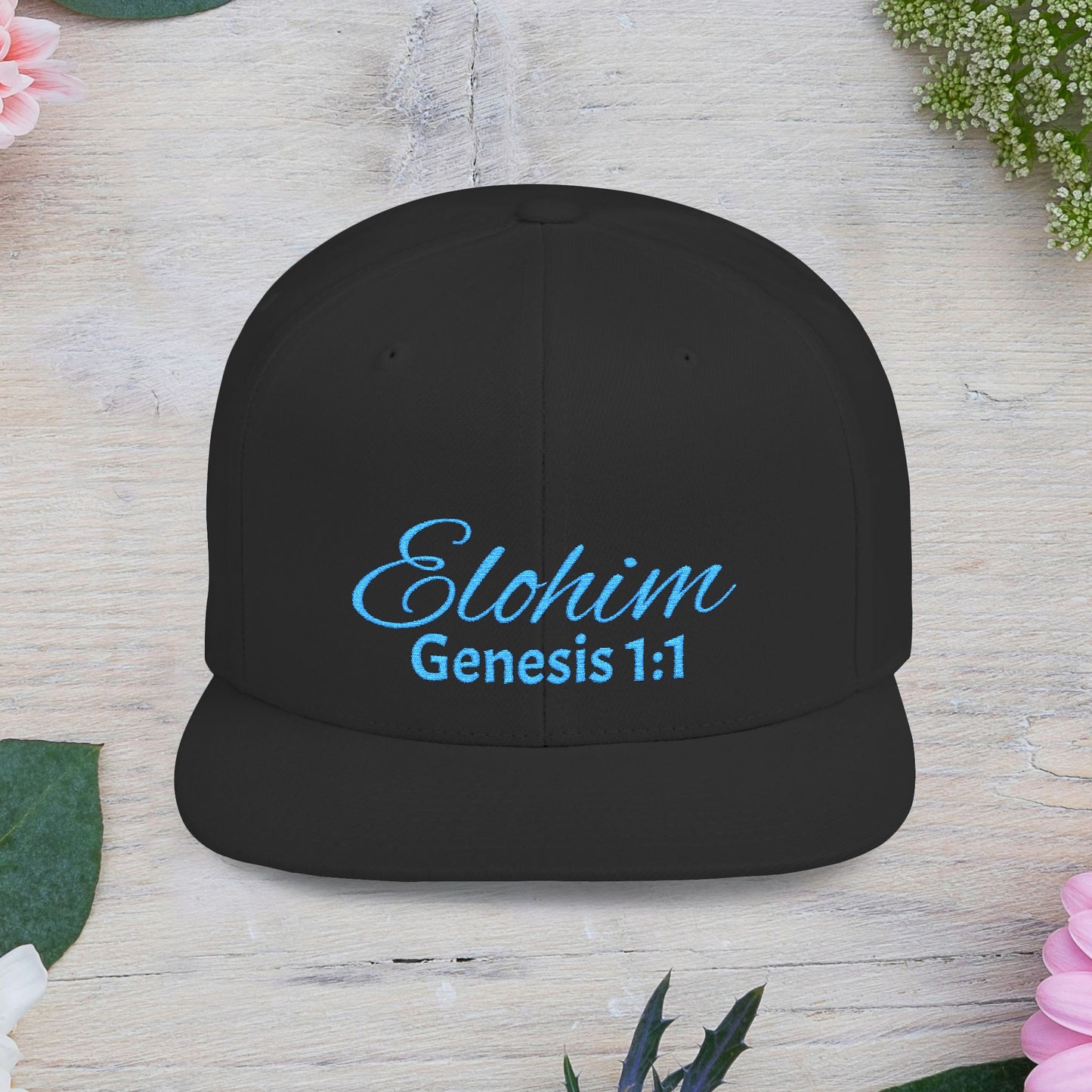 Teal Embroidery 'ELOHIM, GENESIS 1:1' Flat Bill Snapback Hat, Stylish Cap for Everyday Wear, Church Events, Gift for Him/Her, Streetwear Accessory, Casual Fashion