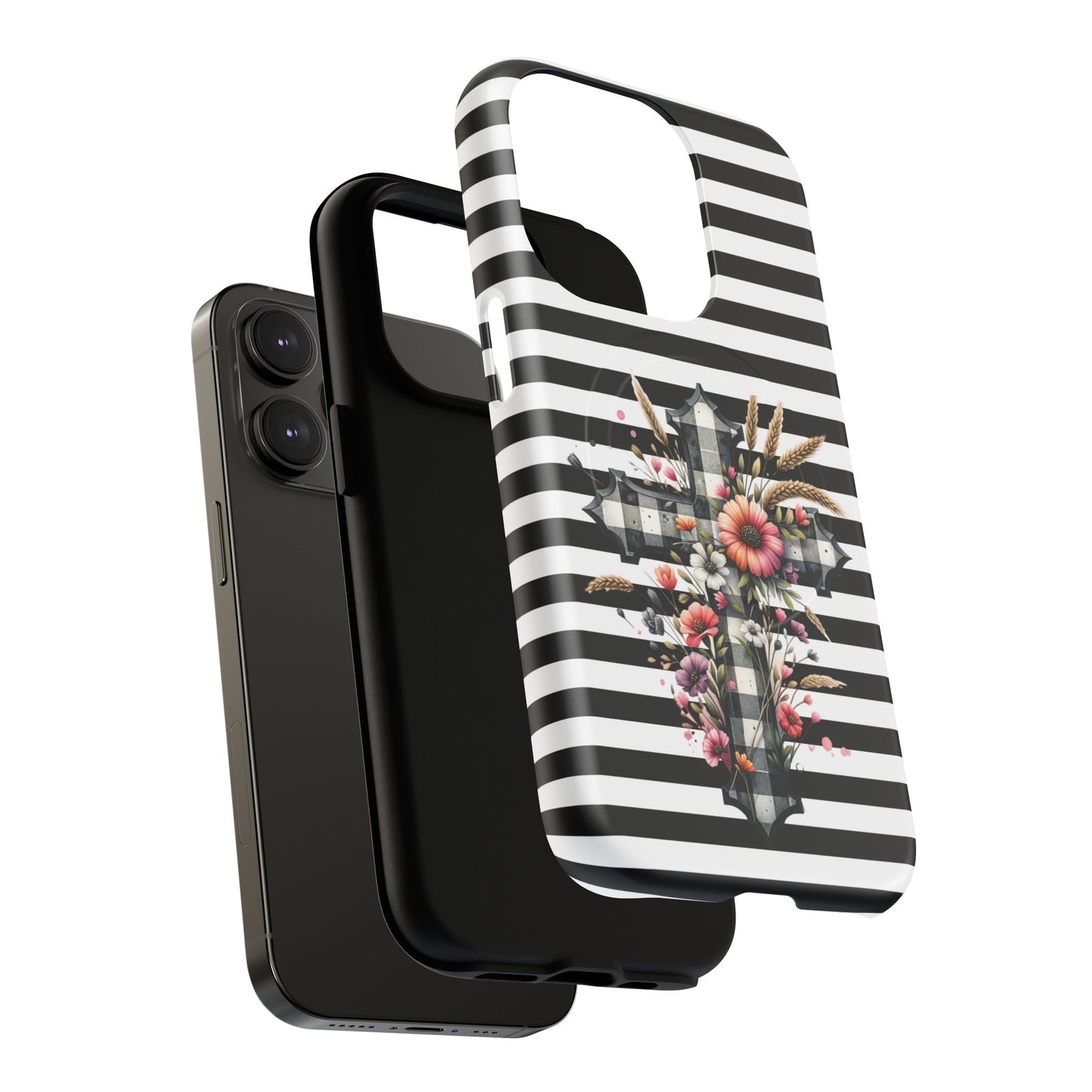 Grace in Bloom Tough Magnetic iPhone Case with Floral Cross Design, Boho iPhone Cover, Striped iPhone Case, Unique Religious Gift, Trendy Cell iPhone Accessory.