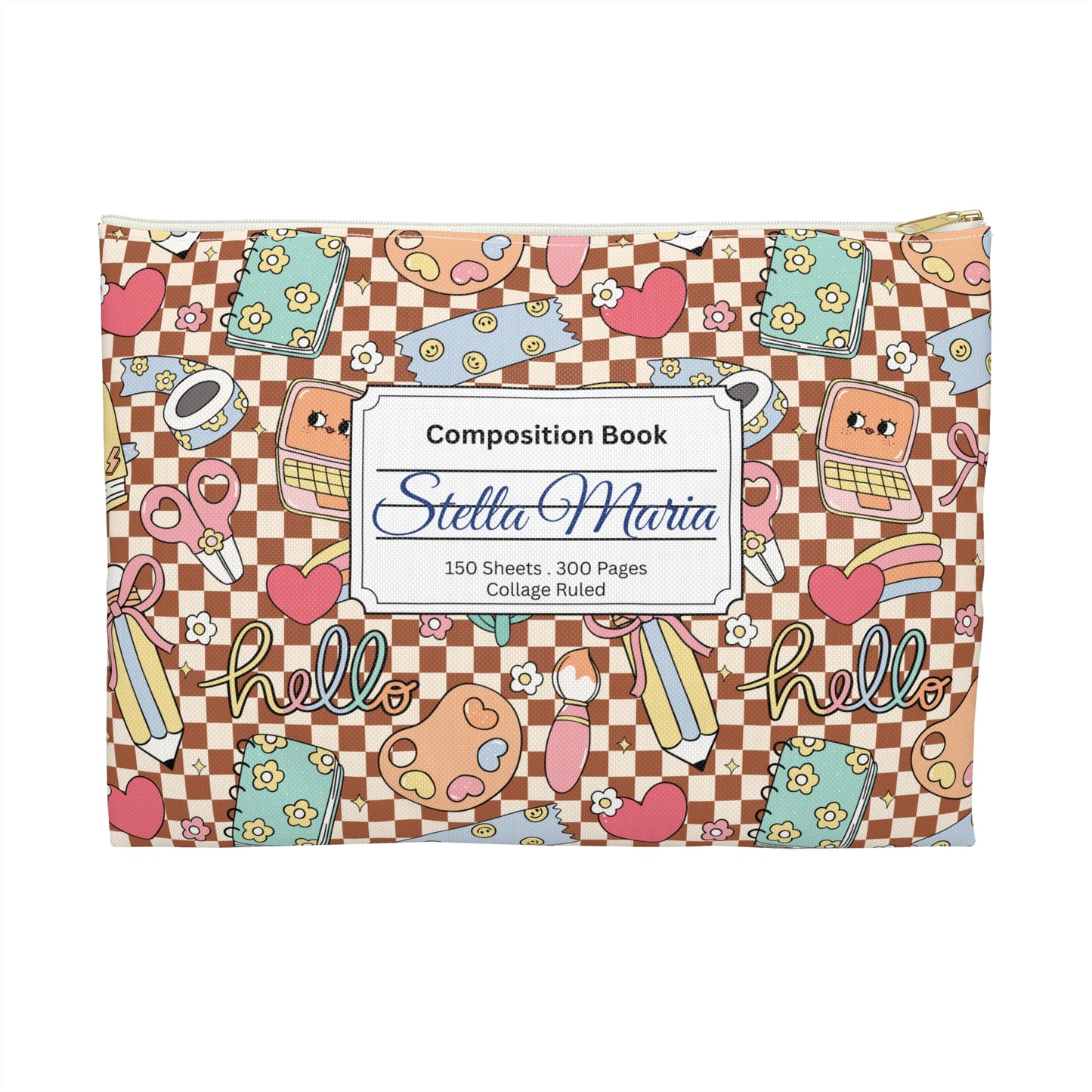 Personalized Brown Doodle Daydream Composition Book Inspired Accessory Pouch, Kids School Supplies, Classroom Organizer, Teacher Gift, Fun Stationery Case, Back to School