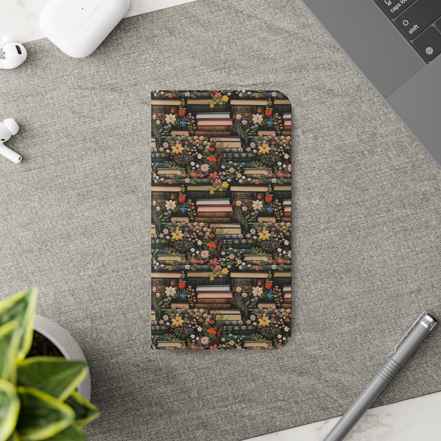 Book Stack Floral Flip iPhone and Samsung Phone Case — Vintage Library Wallet Cover.