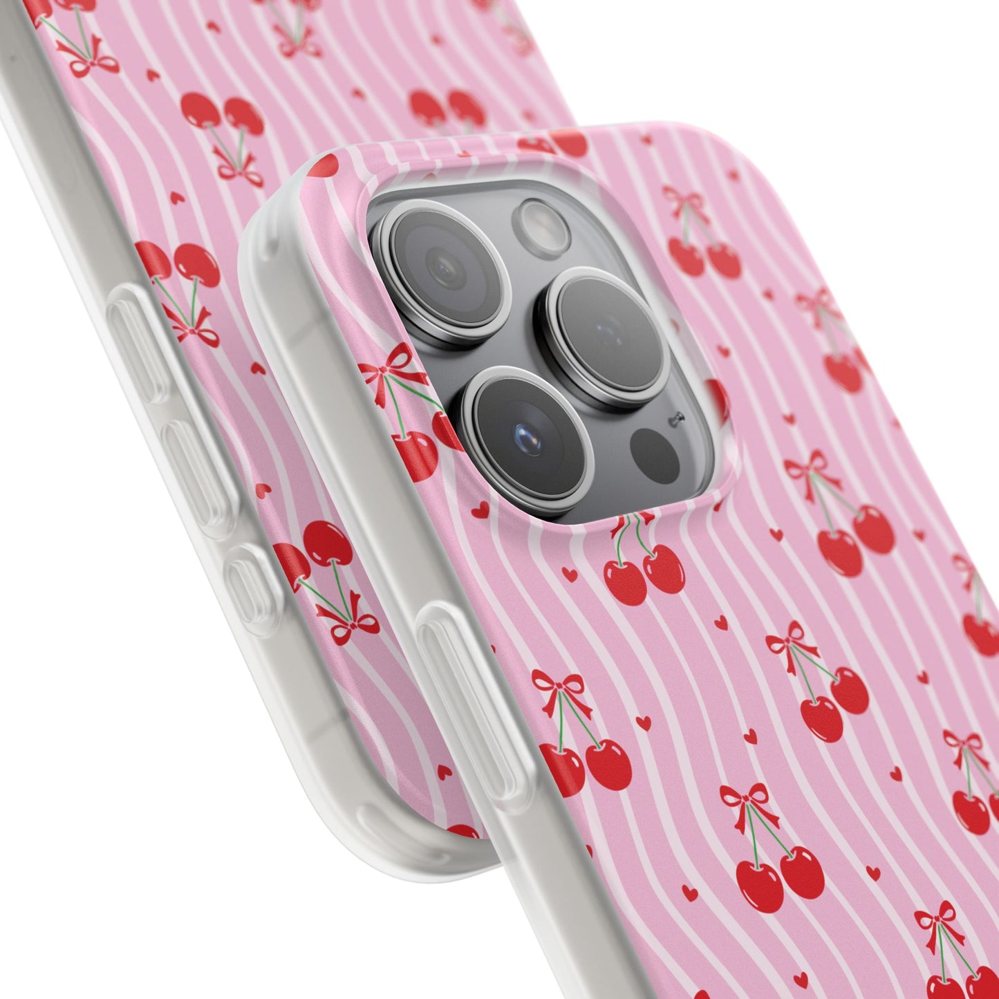 Personalized Cherry Blossom Dreams Flexi Case — Pink Retro Cherry iPhone® 7/8, 11, 12, 13, 14, 15, 16, 17, X/XS, SE, XR, Mini, Pro, Pro Max, Plus Cases.