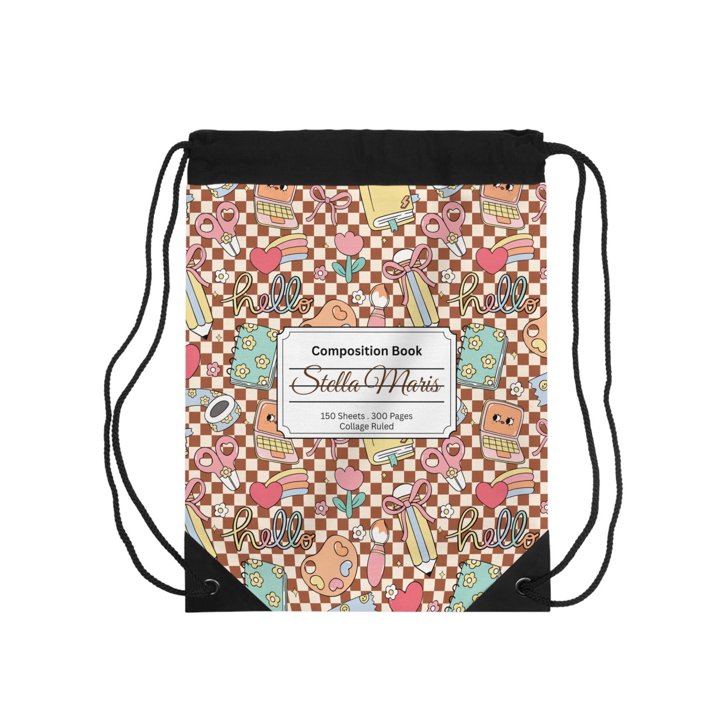 Composition Brown Doodle Daydream Book Inspired Colorful ABC Drawstring Bag | Personalized College Ruled Tote | Kids School Gear | Fun Gym Sack | Back to School Accessory