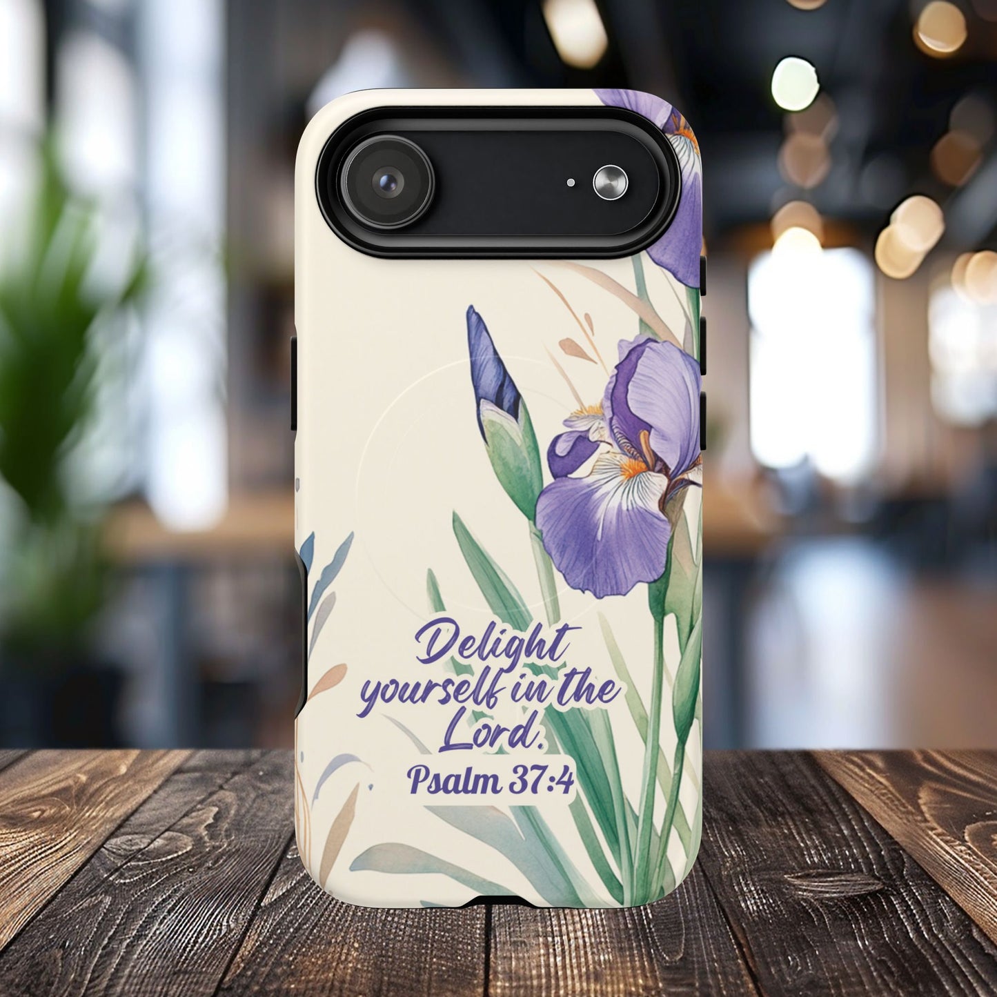 Delight yourself in the Lord Psalm 37:4, Inspirational Gift, iPhone Magnetic Case Scripture, Floral Bible Verse, MagSafe® iPhone® Tough Case, iPhone 14, iPhone 15, iPhone 16, Pro, Pro Max, Plus.