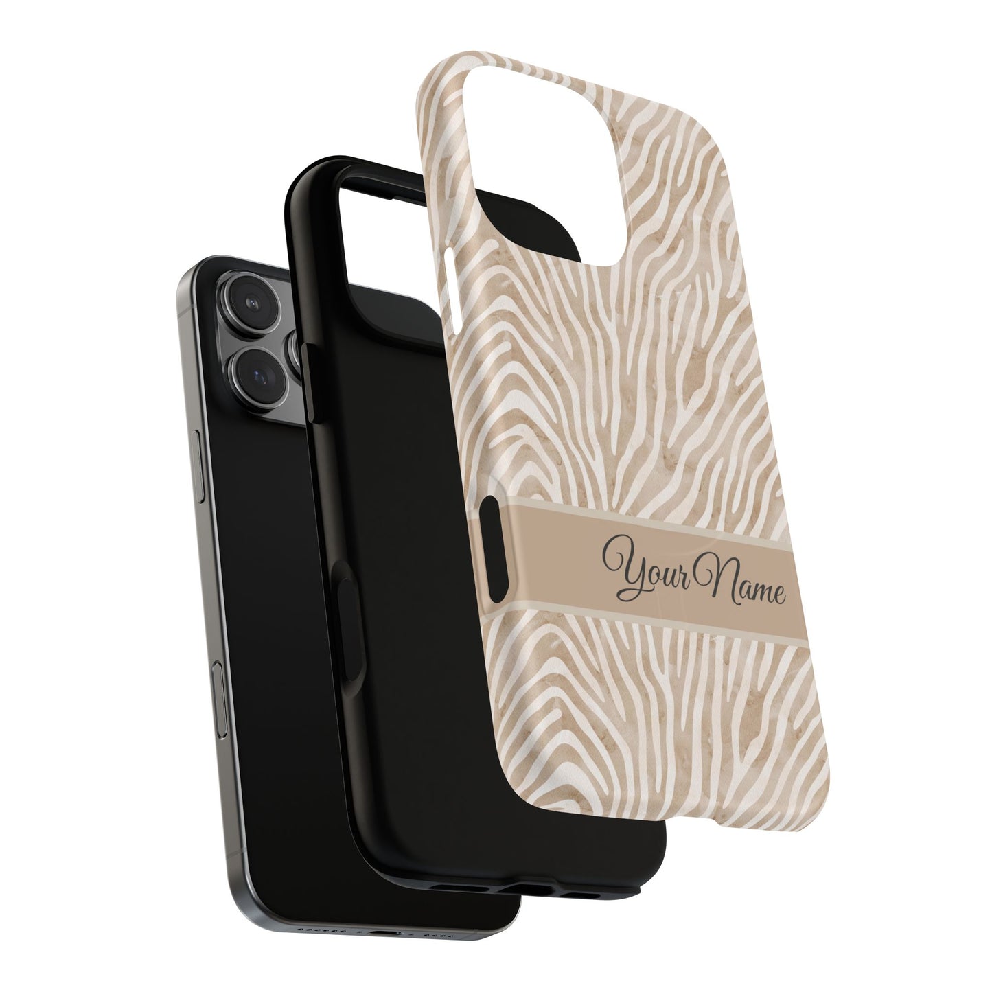 Personalized Zebra Animal Print Cover, Tough Magnetic MagSafe® iPhone® 13, 14, 15, 16, 17, Pro, Pro Max, Plus Cases (Custom Name).