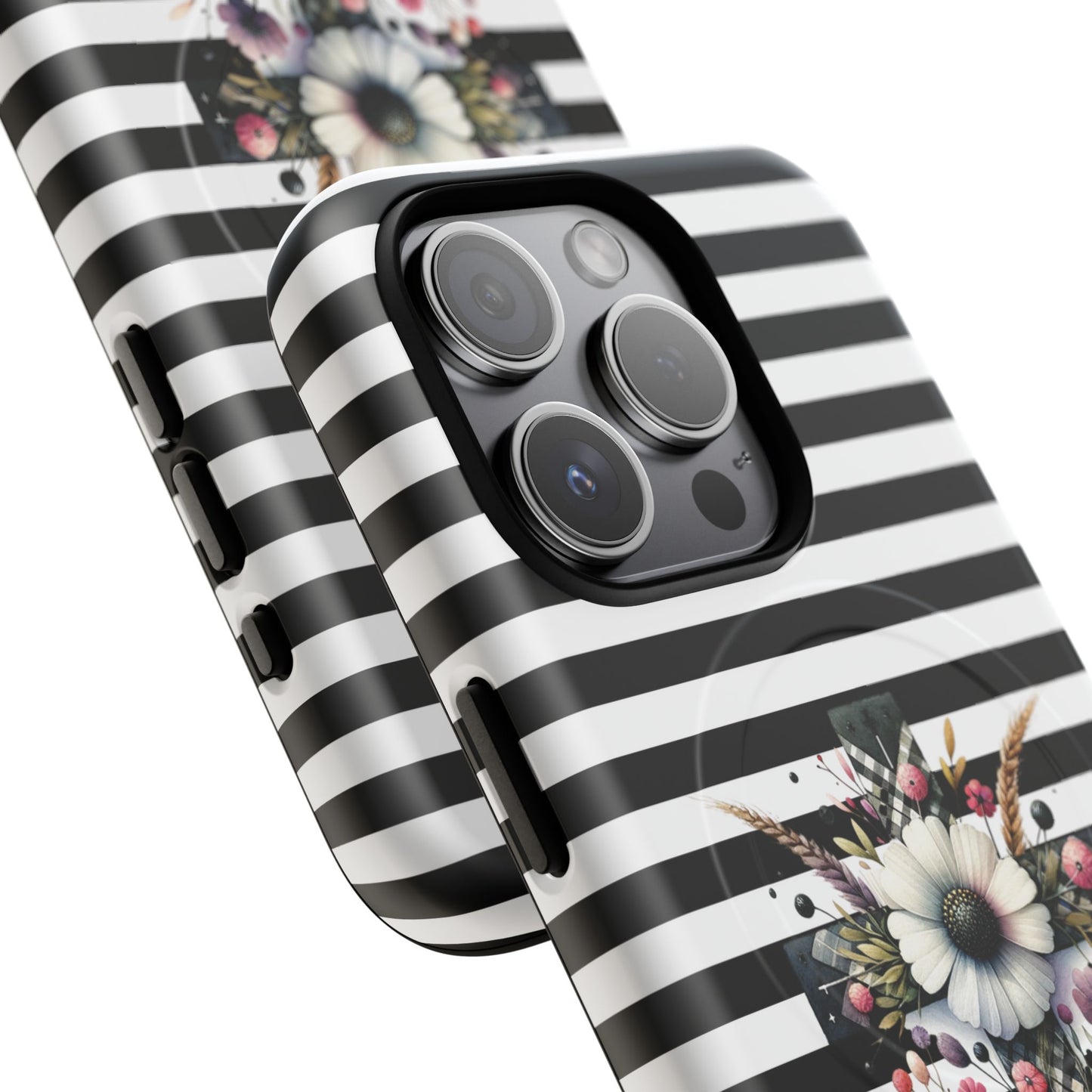 Faith in Bloom Tough iPhone Magnetic Case, iPhone Accessories, Floral iPhone Cover, Durable Cases for Gifts, Black and White Stripes