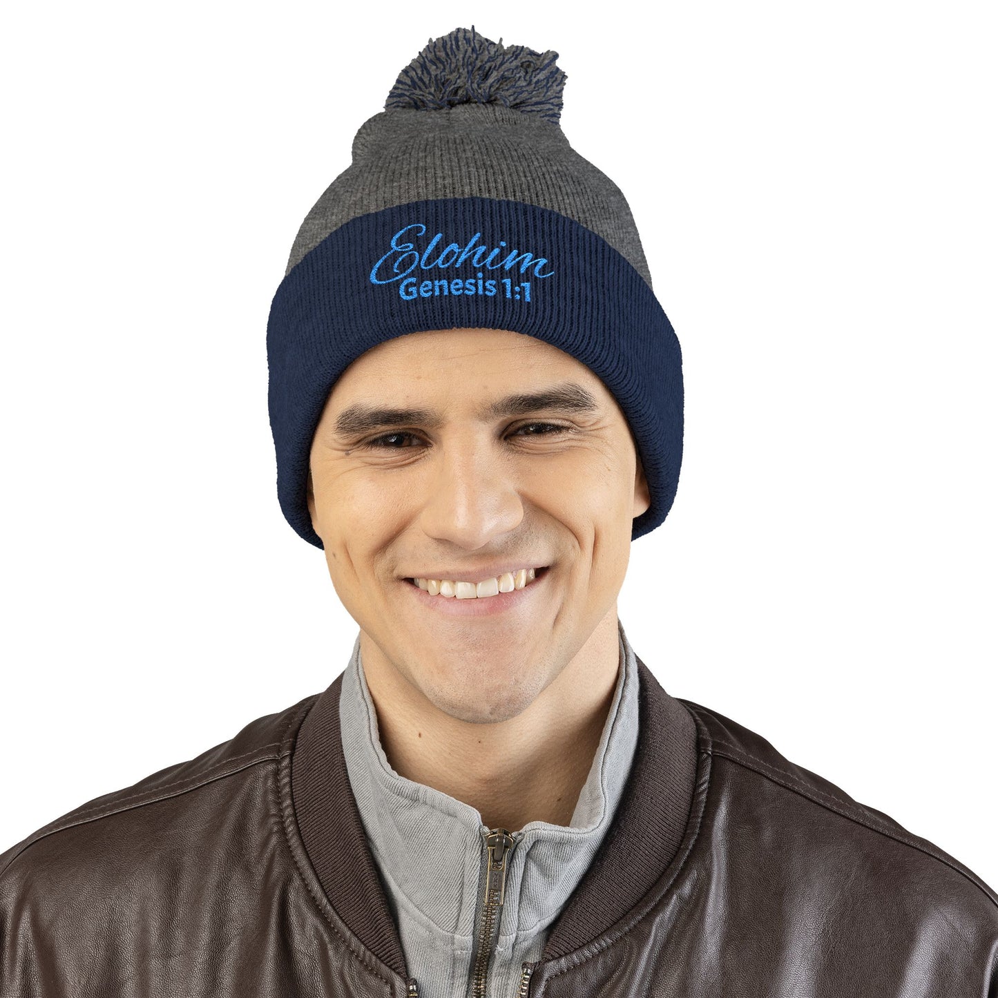 Pom-Pom Knit Cap with 'ELOHIM, GENESIS 1:1'  Embroidery Beanie - Stylish Winter Accessory for All Ages, Perfect Gift for Birthdays, Holidays, and Outdoor Activities