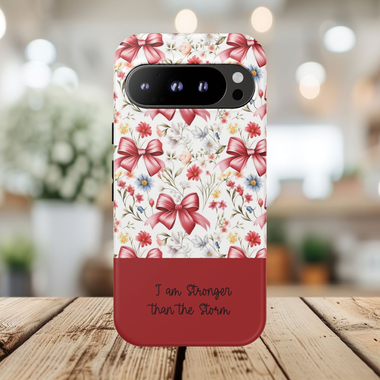 Personalized Rosette Coquette Phone Case - Custom Name/Message 'I Am Stronger Than The Storm' Floral Bow Protective Case