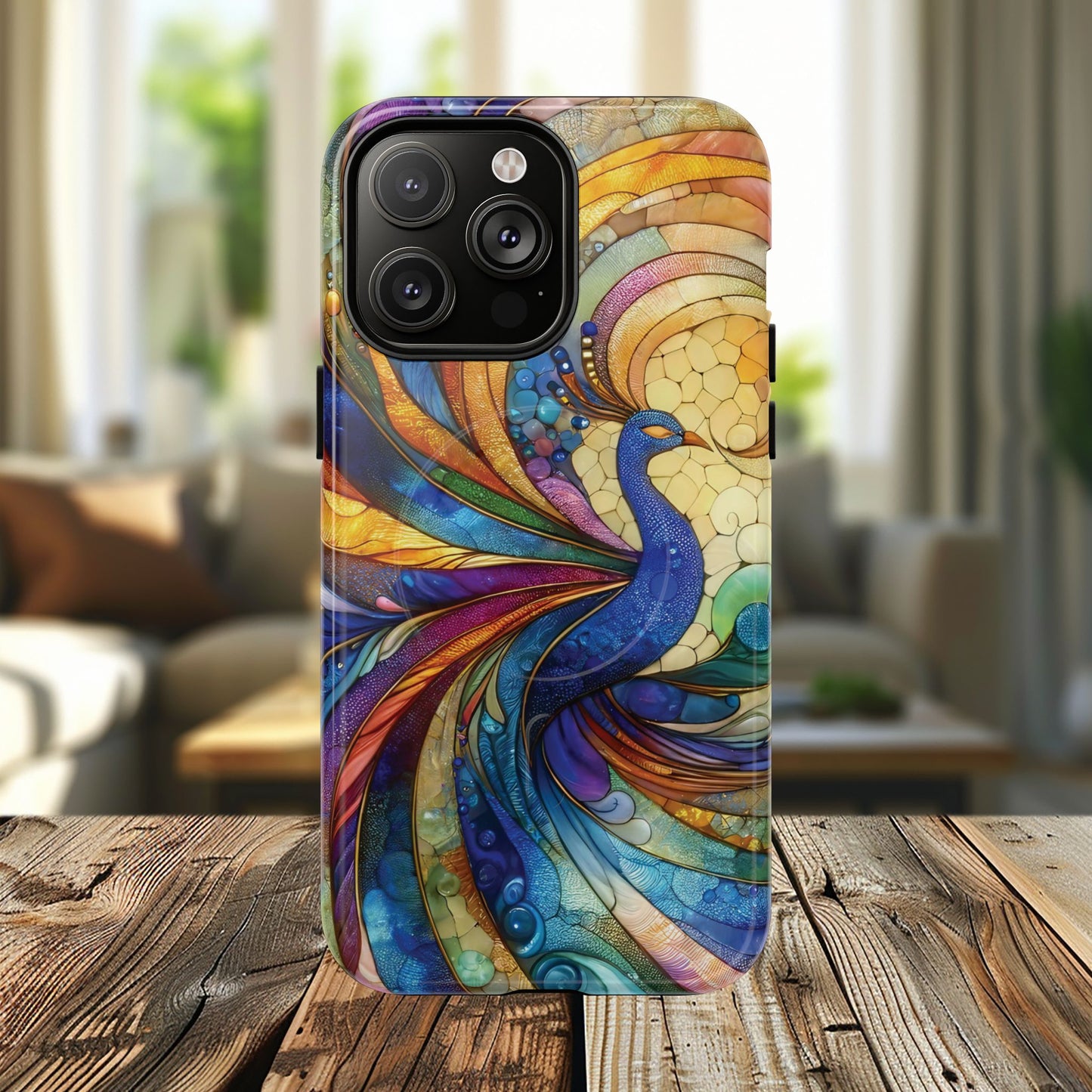 Mosaic Peacock Feathers Magnetic Phone Case, Tough Phone Shell, Vibrant Art Case, Gift for Her, Unique Phone Accessory, Wildlife Lover's Gift, Stained Glass Case.