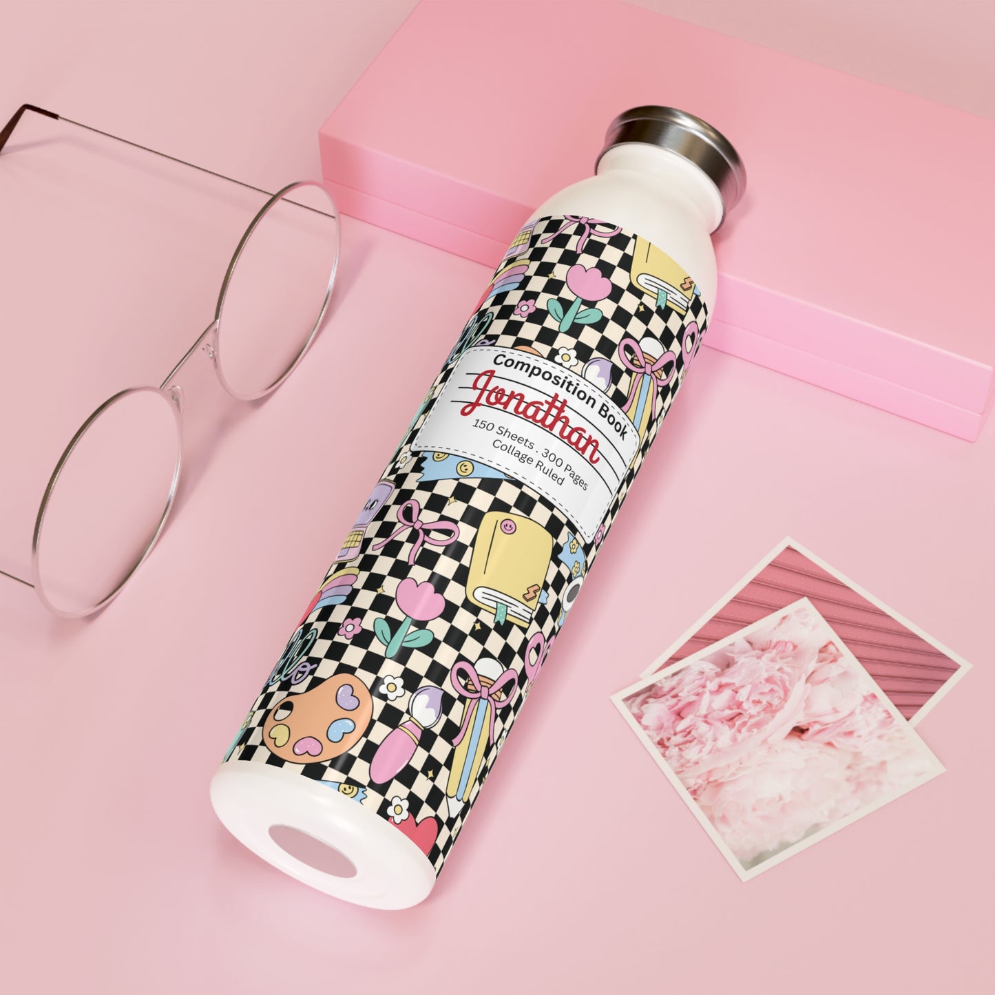 Personalized Composition Black Doodle Daydream Book Inspired Slim Water Bottle, Customizable Drinkware, Eco-Friendly Hydration Bottle, Perfect for Gifts, School Supplies, Back to School