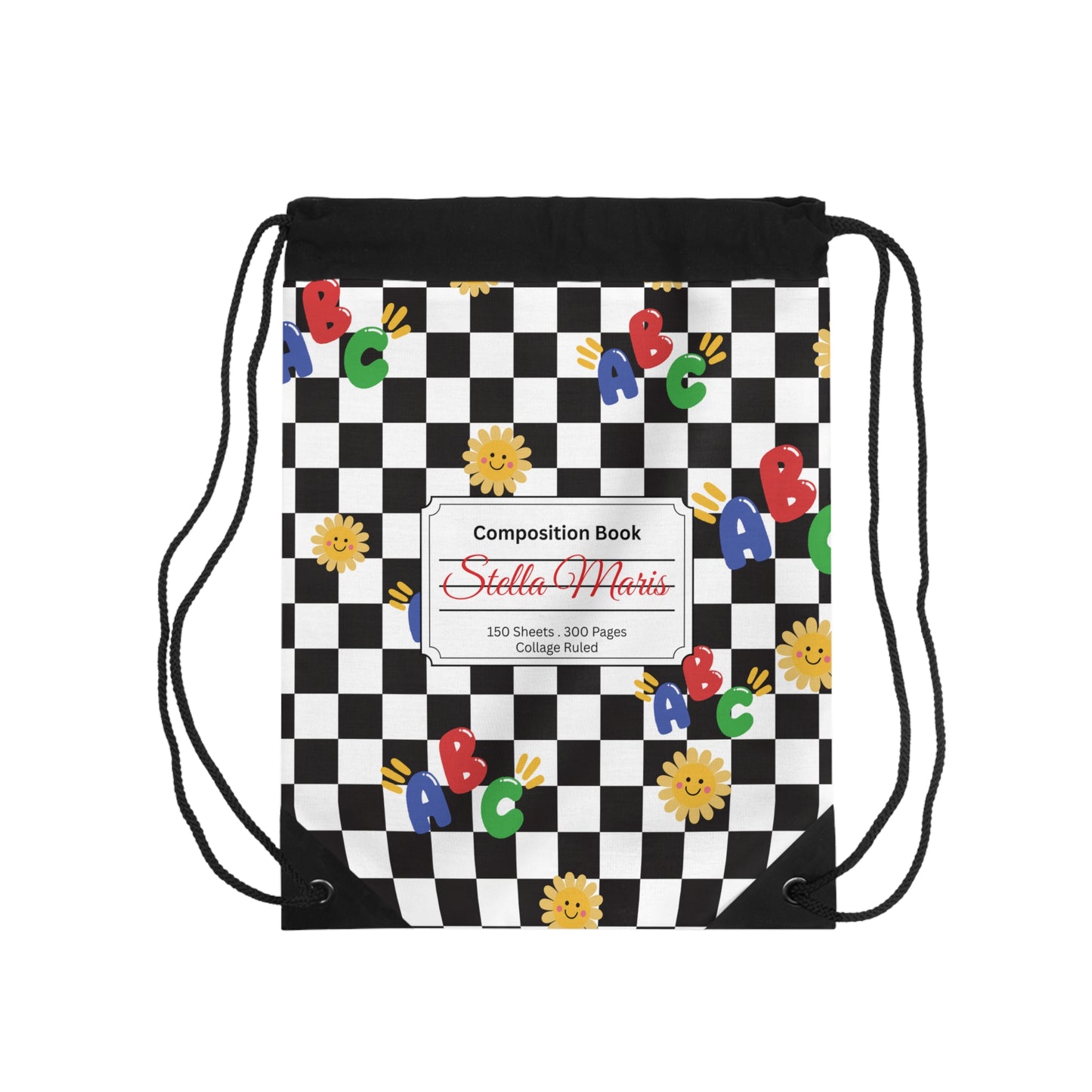 Custom Schoolyard Chic Composition Book Inspired Colorful plsyful icons Drawstring Bag | Personalized College Ruled Tote | Kids School Gear | Fun Gym Sack | Back to School Accessory