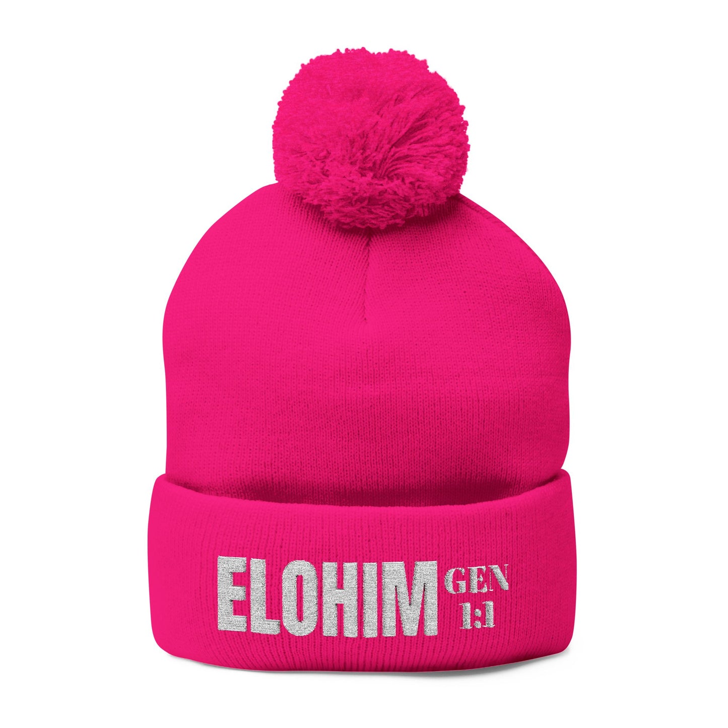 Pom-Pom Knit Cap with 'ELOHIM, GENESIS 1:1'  Embroidery Beanie - Stylish Winter Accessory for All Ages, Perfect Gift for Birthdays, Holidays, and Outdoor Activities