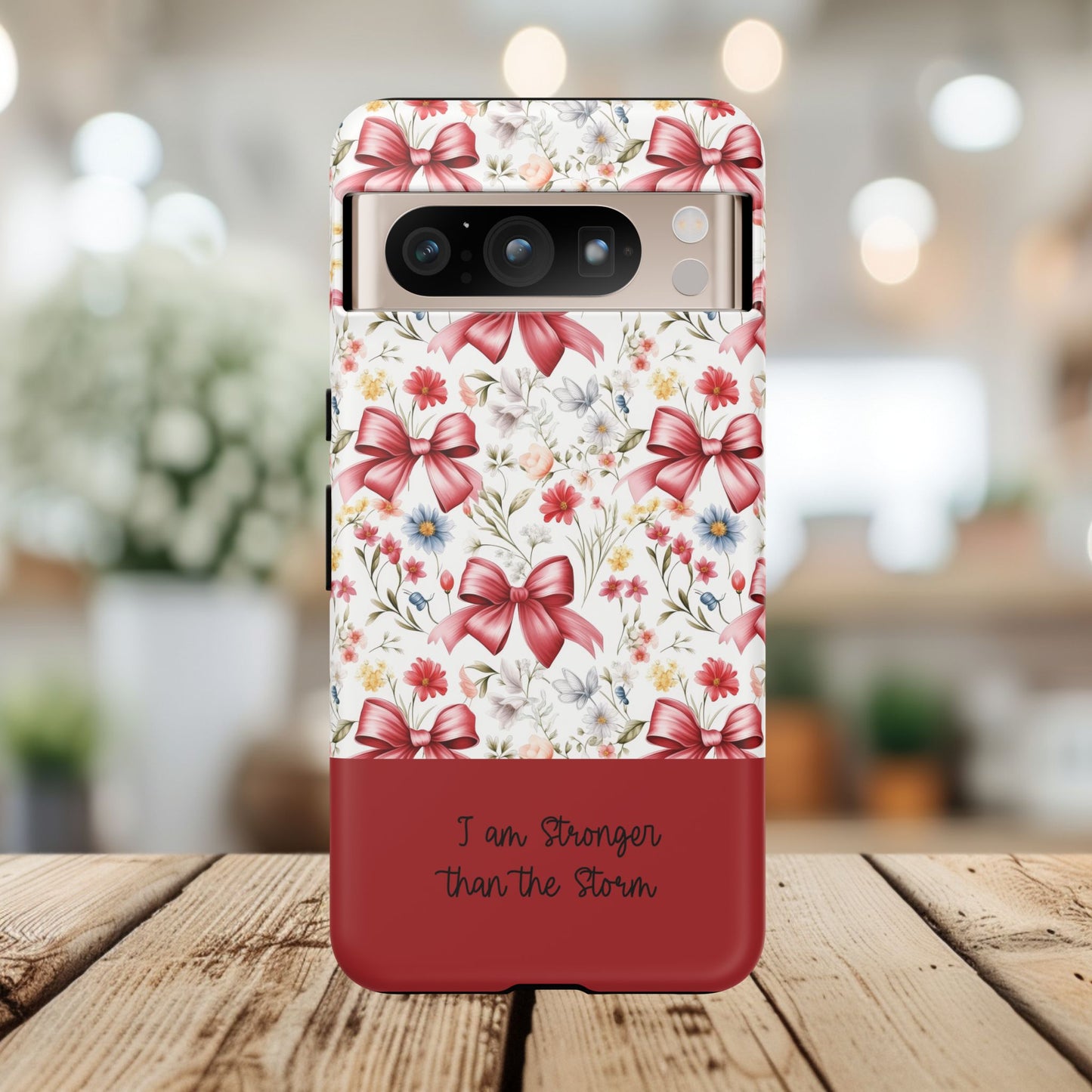 Personalized Rosette Coquette Phone Case - Custom Name/Message 'I Am Stronger Than The Storm' Floral Bow Protective Case