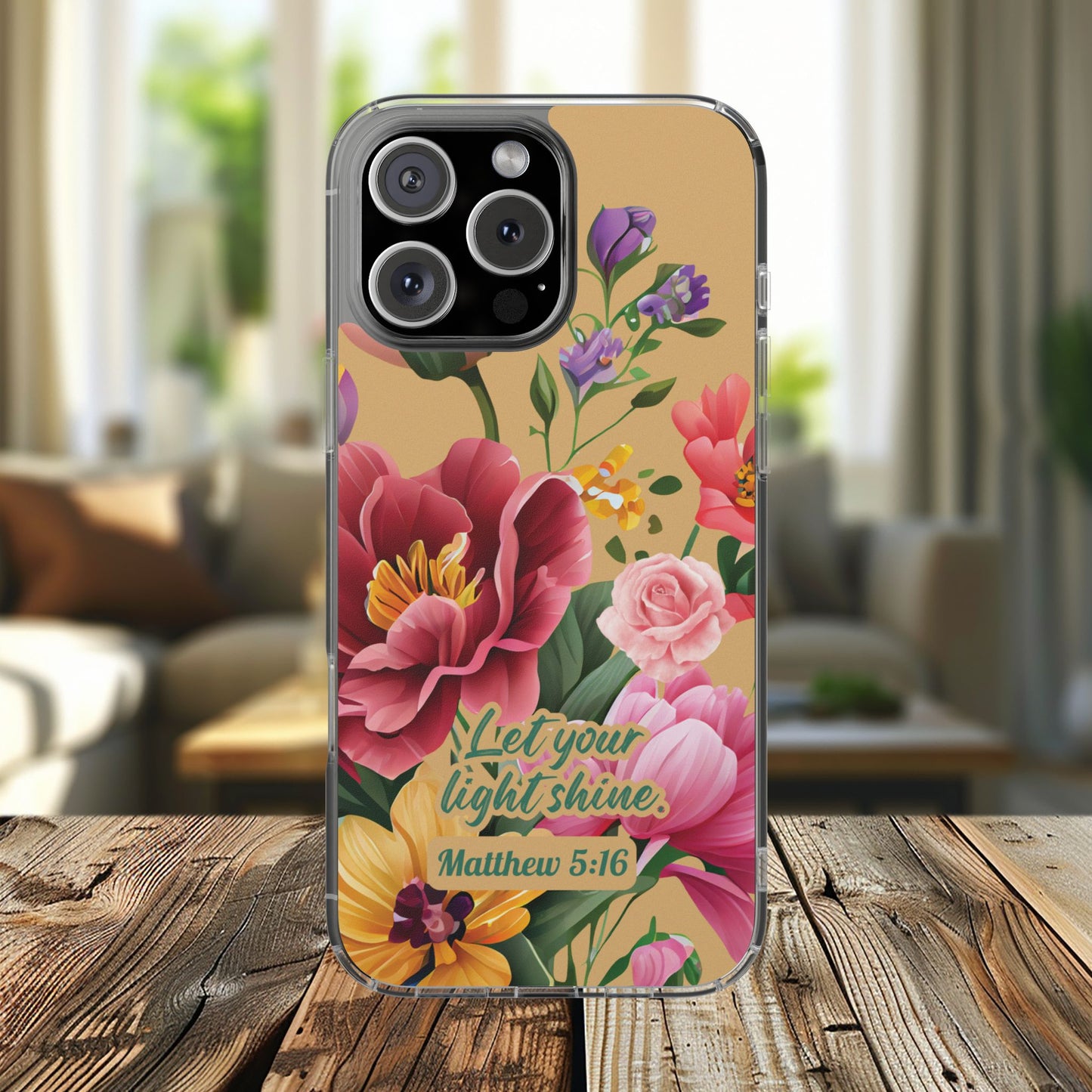 Clear Floral Bible Verse Phone Case — "Let Your Light Shine" (Matthew 5:16) for iPhone and Samsung Cases.