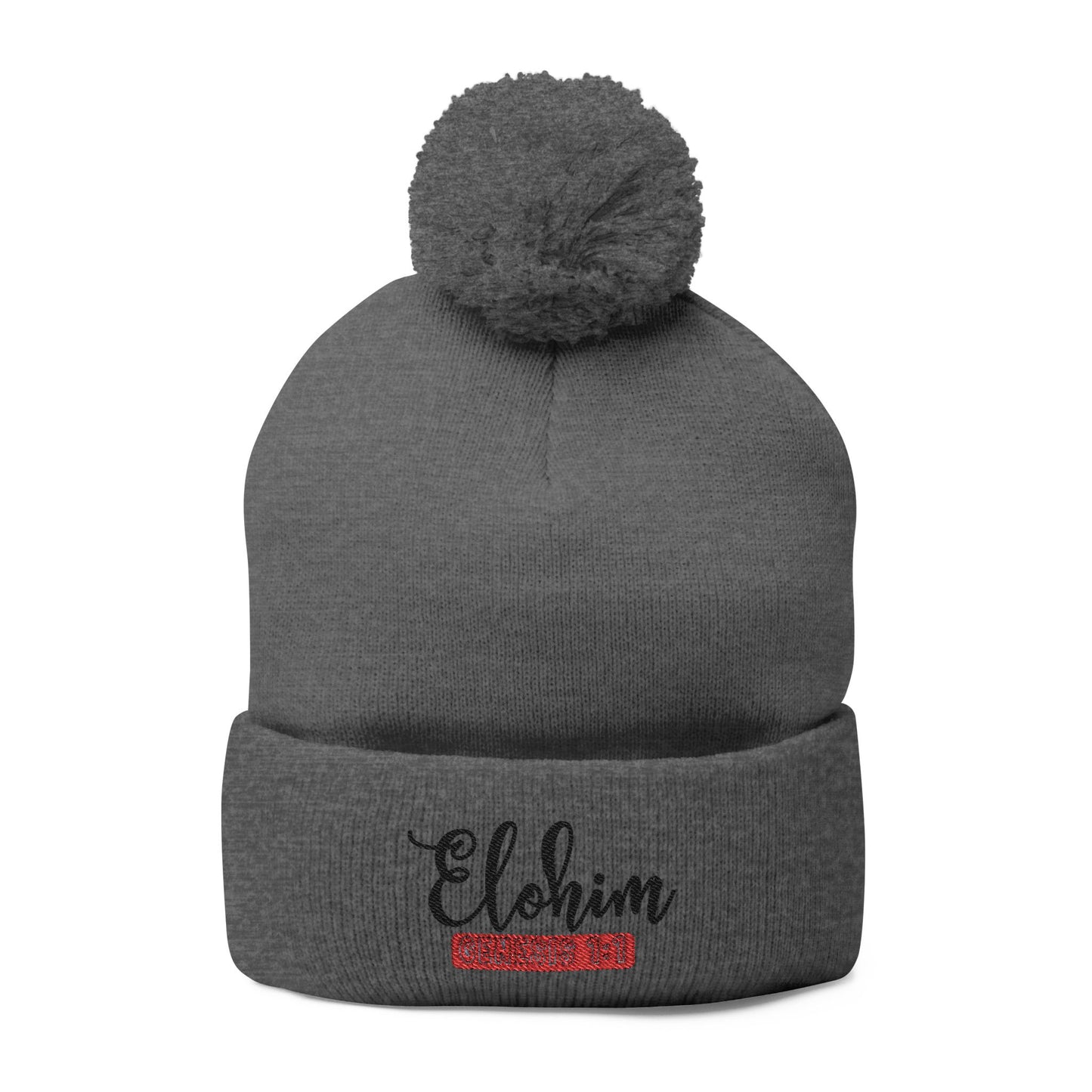 Pom-Pom Knit Cap with 'ELOHIM, GENESIS 1:1'  Embroidery Beanie - Stylish Winter Accessory for All Ages, Perfect Gift for Birthdays, Holidays, and Outdoor Activities