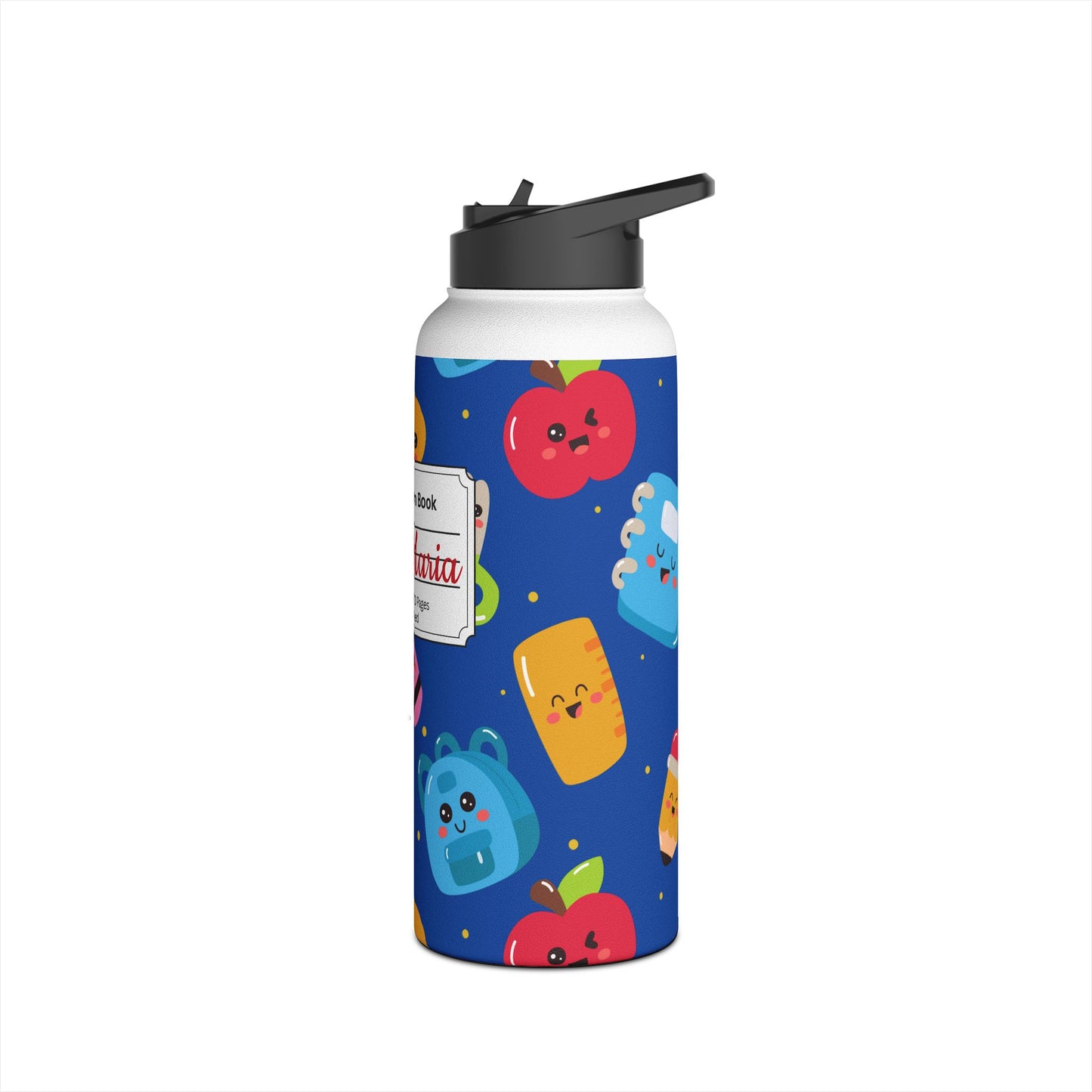 Personalized Blue Kawaii Composition Book Inspired Stainless Steel Water Bottle for Kids, School Supplies, Eco-Friendly Drinkware, Back to School, Teacher Gifts