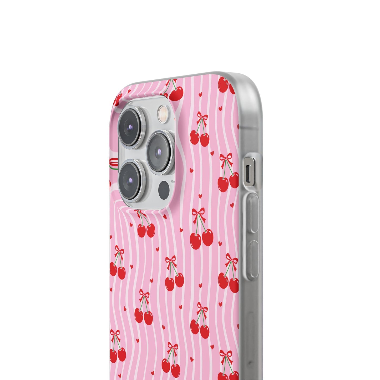 Personalized Cherry Blossom Dreams Flexi Case — Pink Retro Cherry iPhone® 7/8, 11, 12, 13, 14, 15, 16, 17, X/XS, SE, XR, Mini, Pro, Pro Max, Plus Cases.
