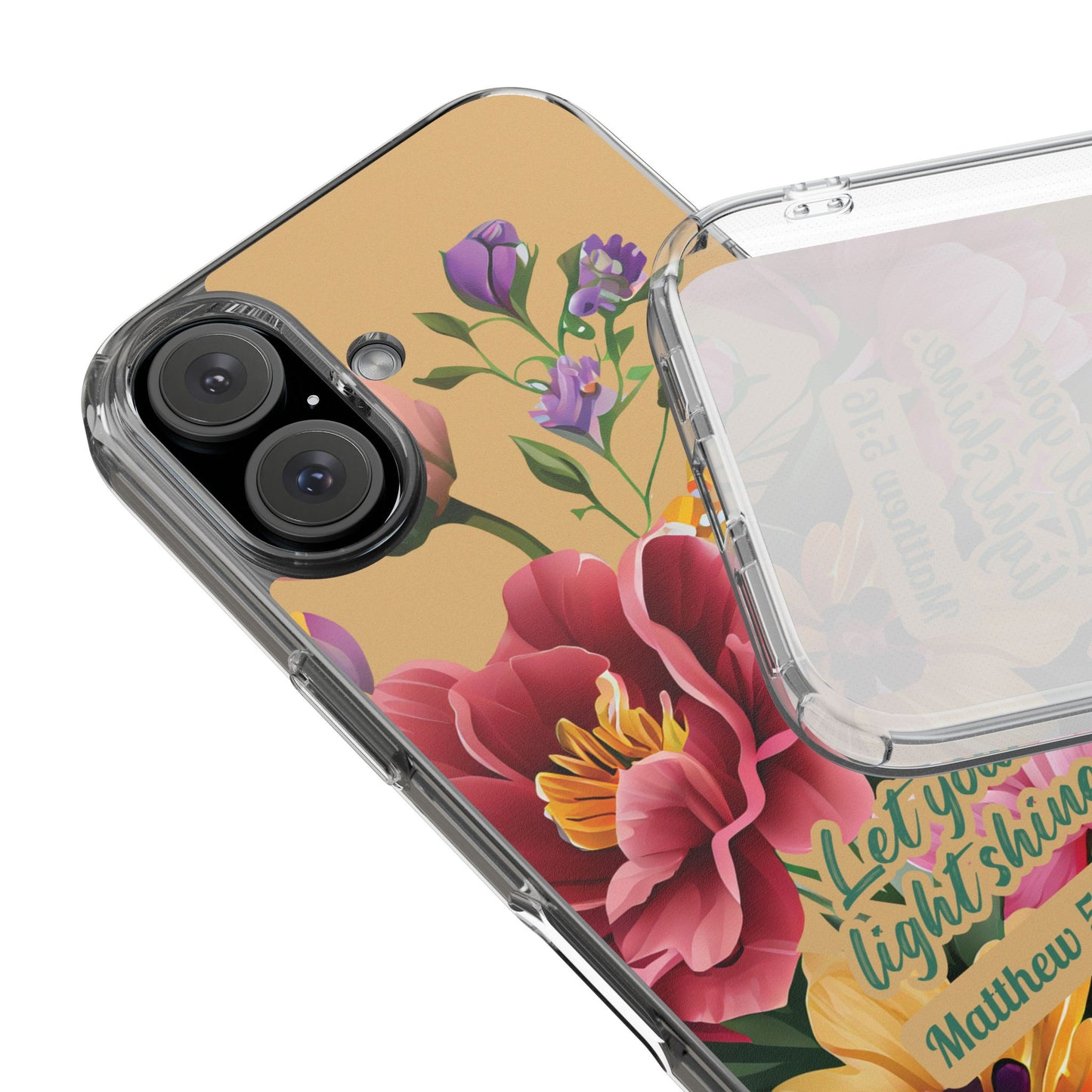 Clear Floral Bible Verse Phone Case — "Let Your Light Shine" (Matthew 5:16) for iPhone and Samsung Cases.