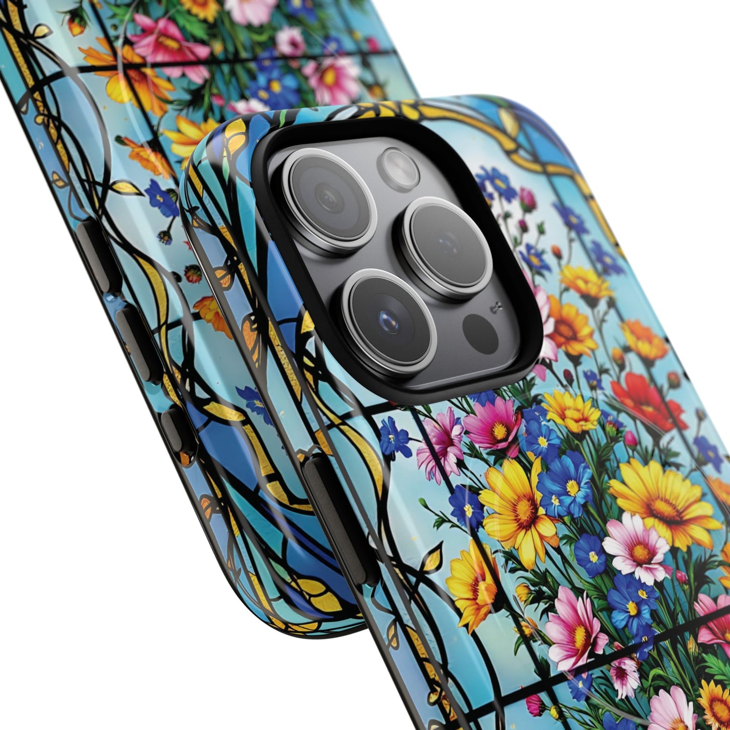 Floral Stained Glass Tough Magnetic Case, Durable Phone Cover, Gift for Nature Lovers, Unique Floral Design, Phone Accessories for All Occasions.