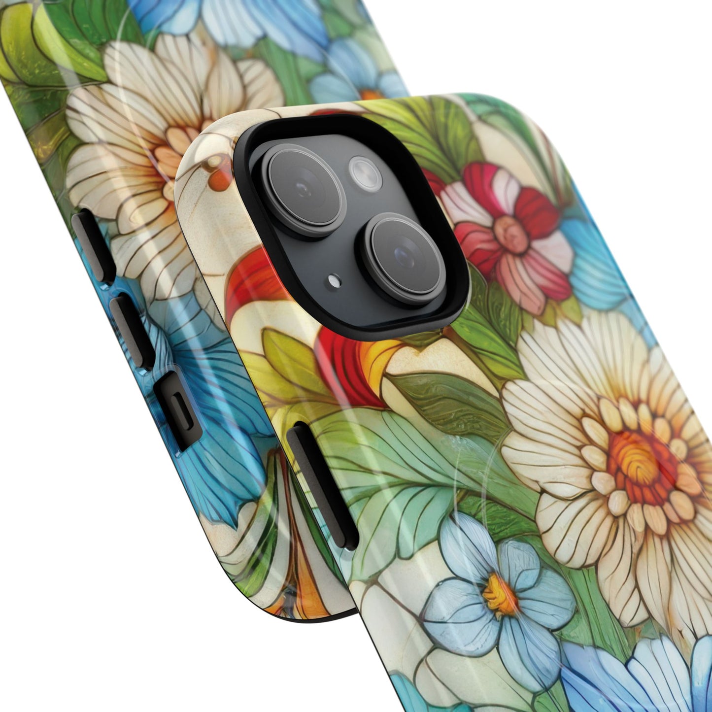 Botanical Radiance Tough iPhone Magnetic Case, Customizable Durable iPhone Cover | Ideal Gift for Nature Lovers, Floral Stained Glass Gift