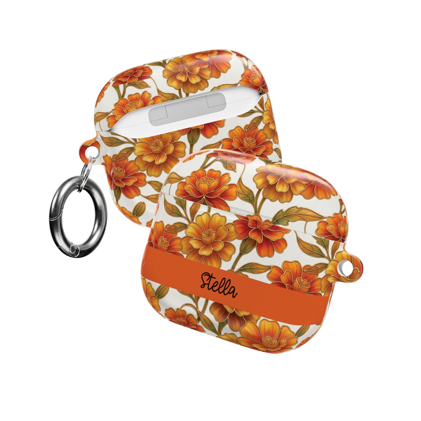 Stained Glass Effect Floral Orange Marigold AirPod Case — Personalized Name Option