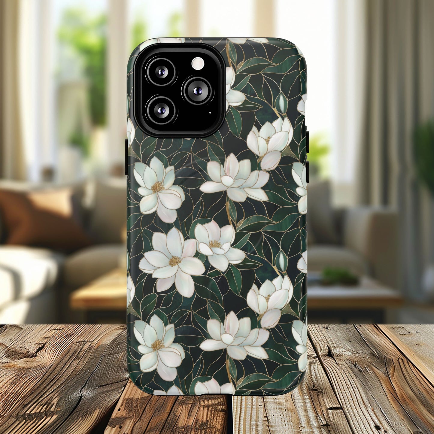 Midnight Magnolia Tough iPhone Magnetic Case, Stylish Stained Glass iPhone Protection, Nature Lover Gift, Spring Vibes