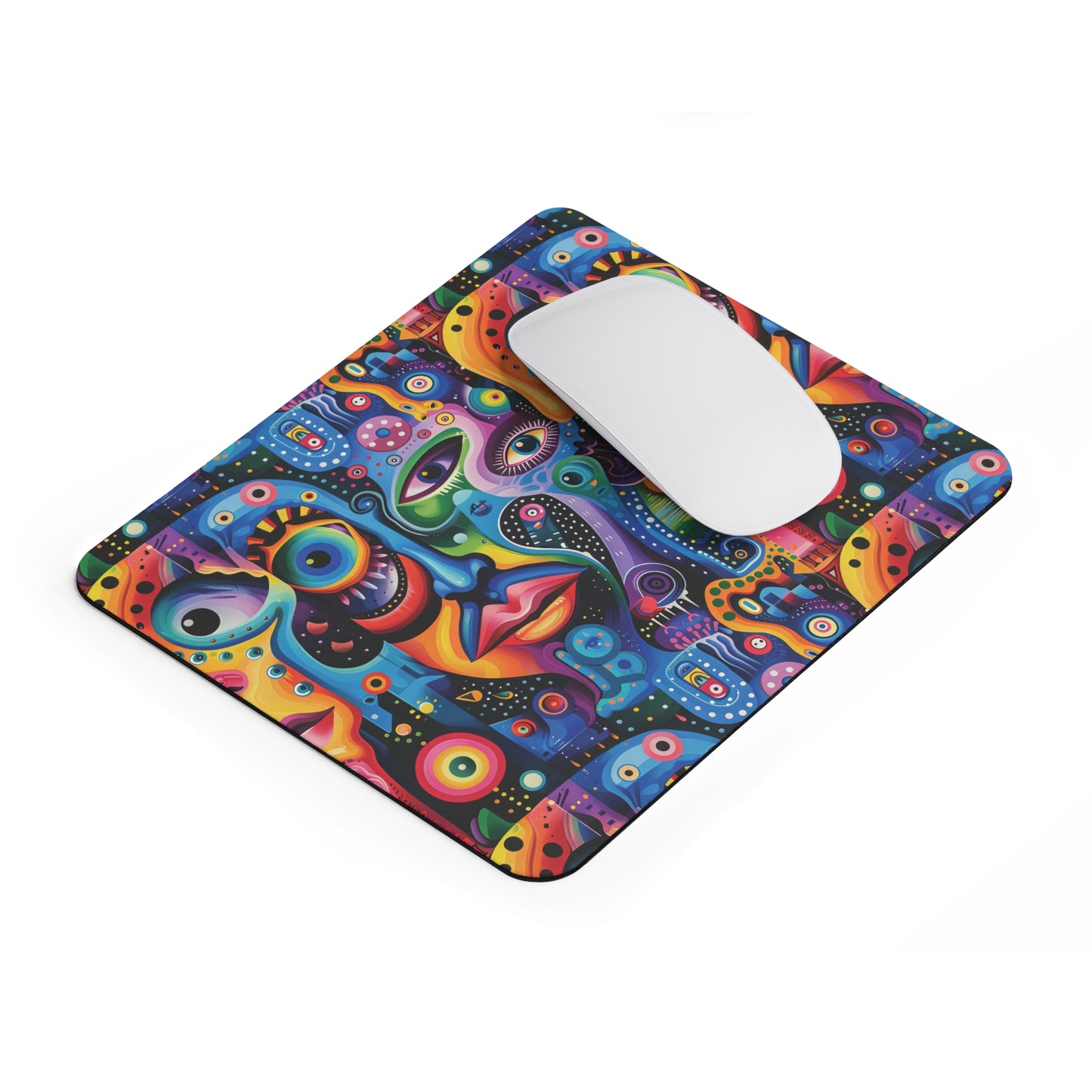 Psychedelic Visions Colorful Abstract Faces Mouse Pad - Vibrant Desk Accessory for Art Lovers.