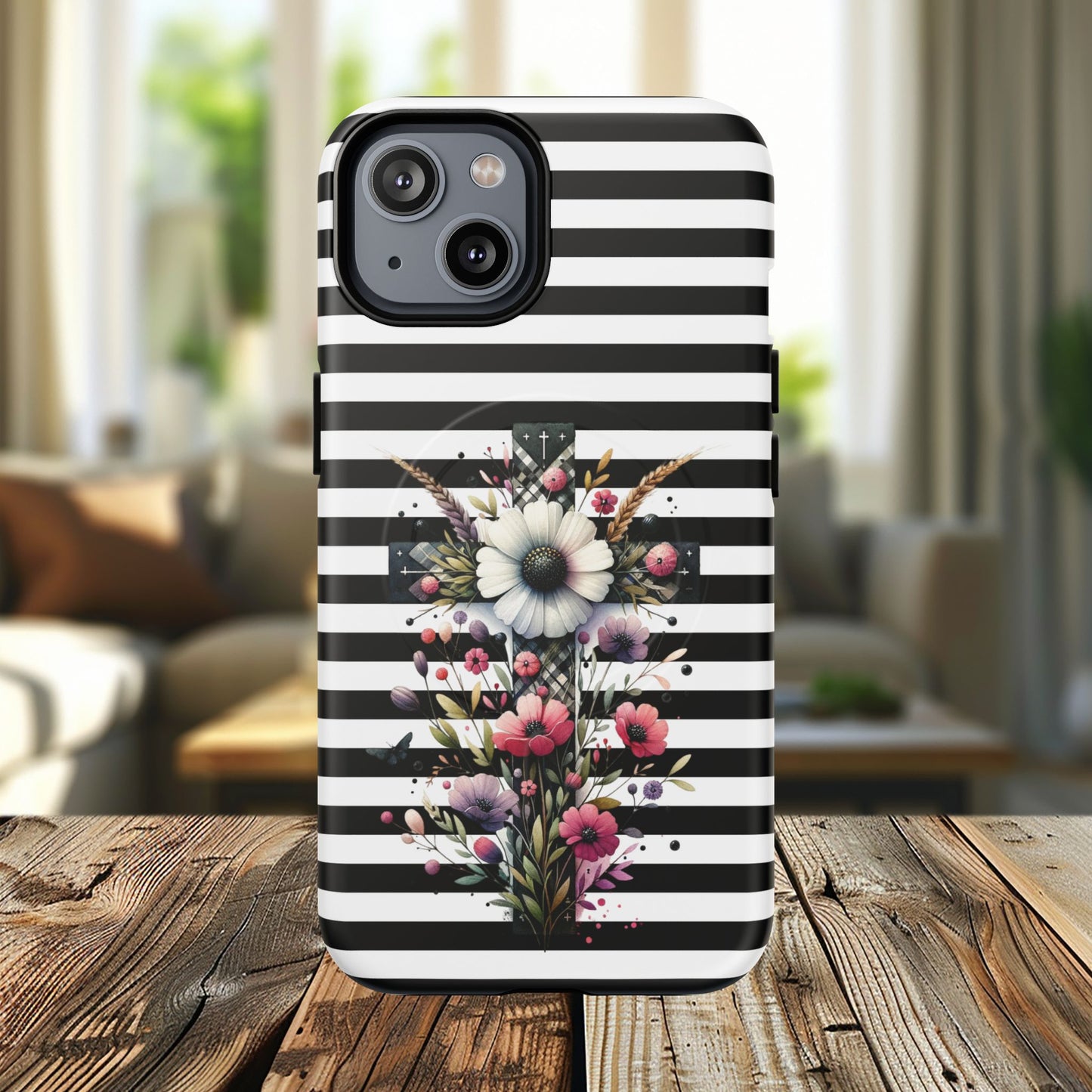 Faith in Bloom Tough iPhone Magnetic Case, iPhone Accessories, Floral iPhone Cover, Durable Cases for Gifts, Black and White Stripes