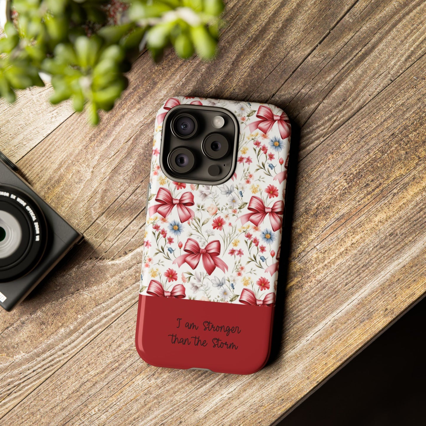 Personalized Rosette Coquette Phone Case - Custom Name/Message 'I Am Stronger Than The Storm' Floral Bow Protective Case