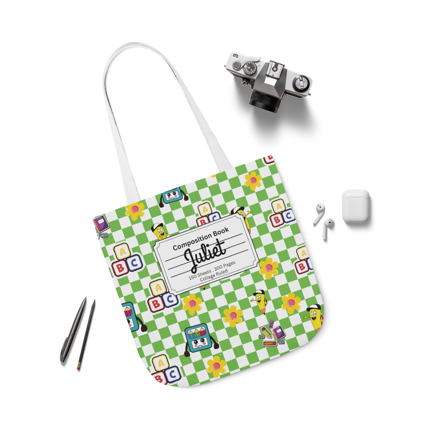 Personalized Green Schoolyard Chic Composition Book Inspired Canvas Tote Bag with Colorful Straps, Cute School Bag, Eco-Friendly Tote, Back to School Shopping Bag, Teacher Gift Idea