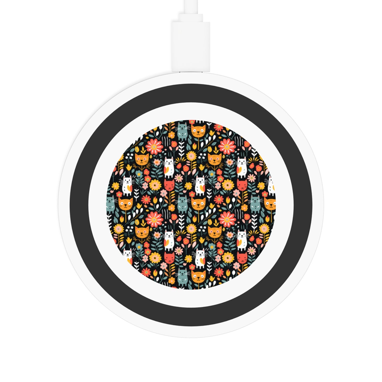 Whimsical Feline Garden Print Wireless Charging Pad - Eco-Friendly Tech Accessory