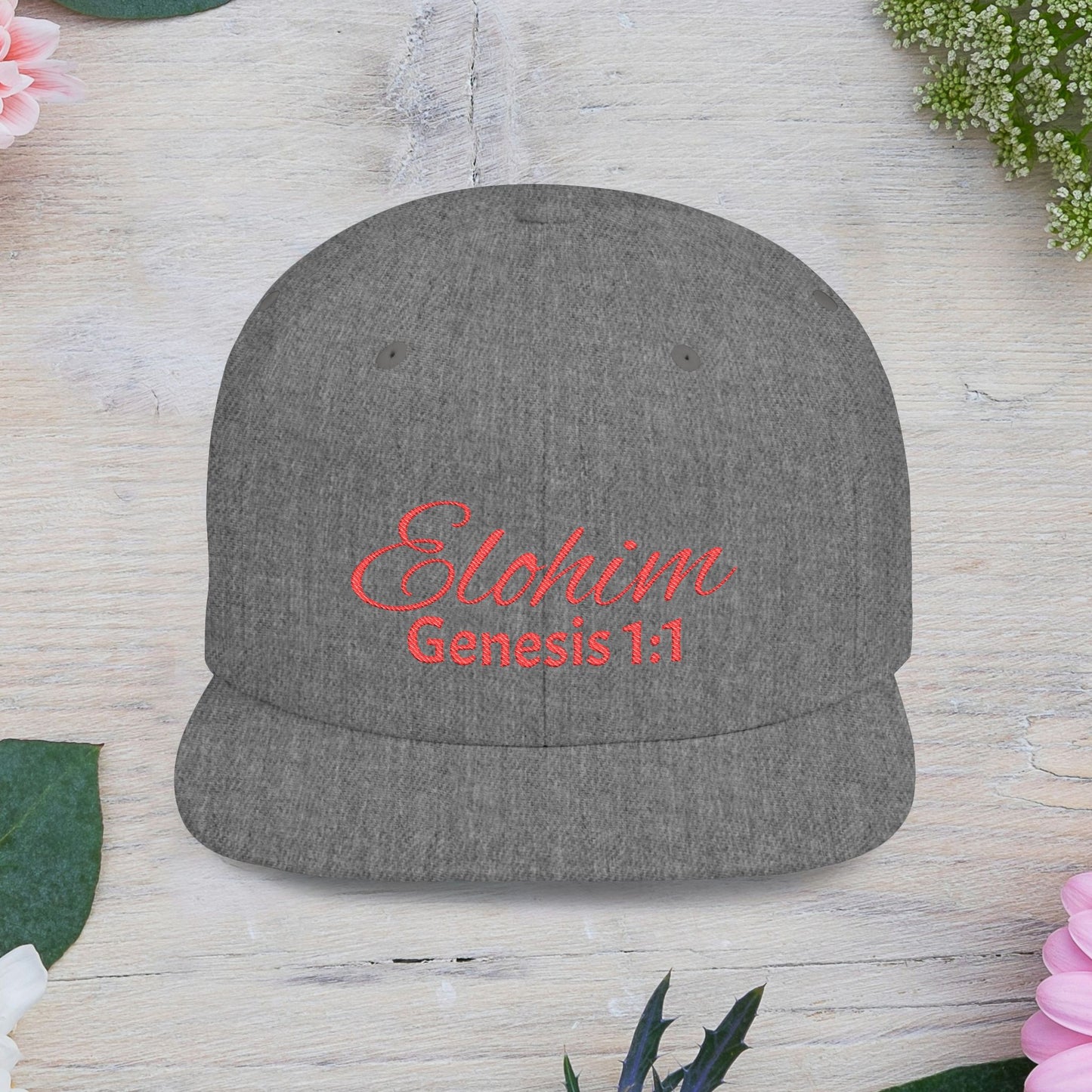 Red Embroidery 'ELOHIM, GENESIS 1:1' Flat Bill Snapback Hat, Stylish Cap for Everyday Wear, Church Events, Gift for Him/Her, Streetwear Accessory, Casual Fashion