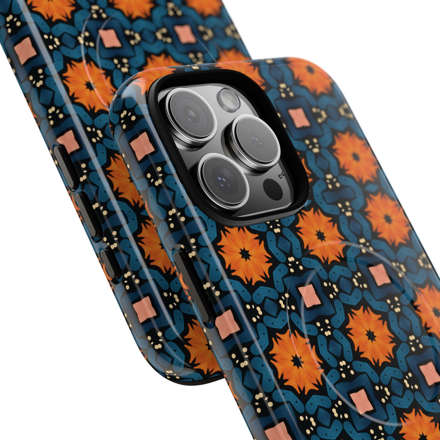 Saffron Tile Bloom Vibrant Floral Tough Magnetic iPhone Case, Durable iPhone Cover, Gift for Her, Floral Design, Unique iPhone Protection.