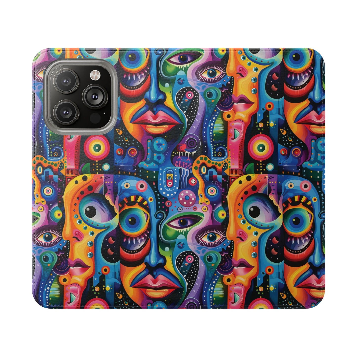 Psychedelic Visions Vibrant Art Flip iPhone and Samsung Phone Case - Colorful Faces Design for Phone Protection