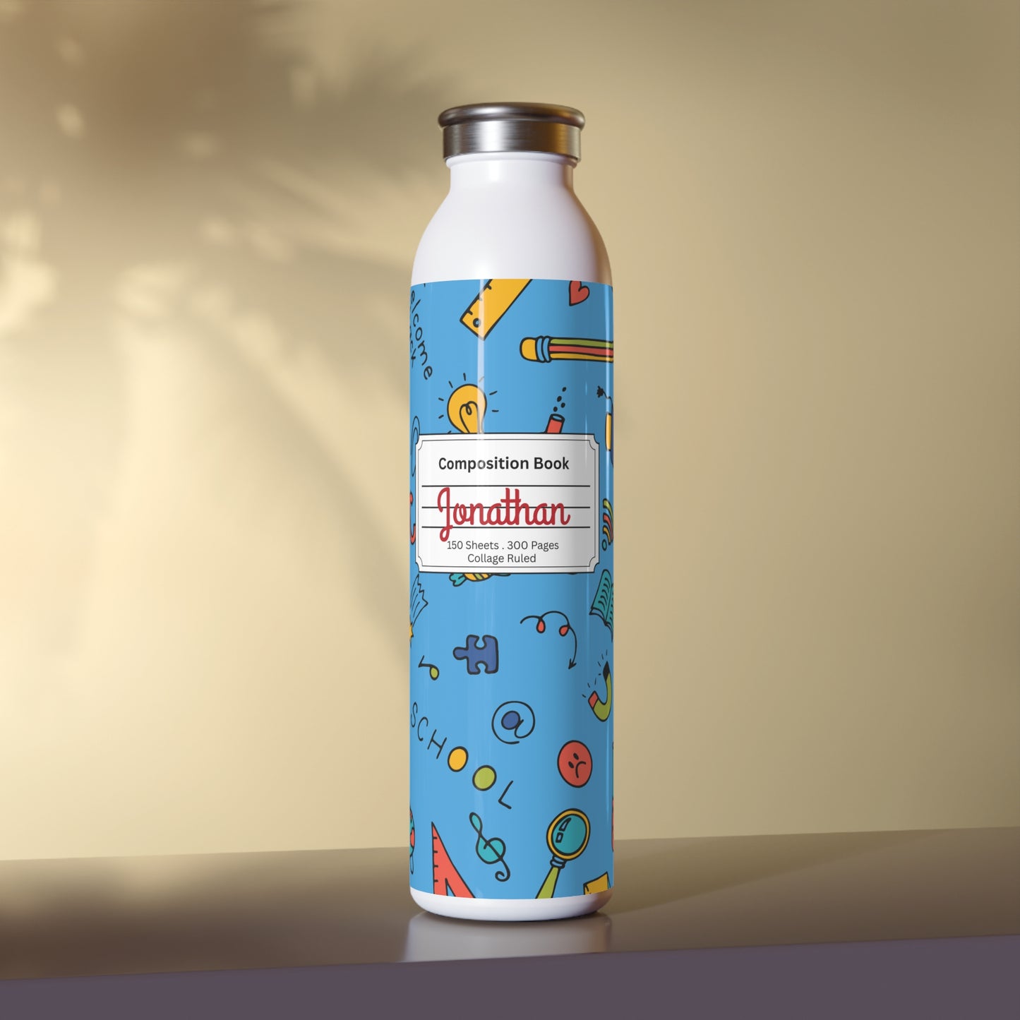 Personalized Composition Classroom Couture Book Inspired Slim Water Bottle, Customizable Drinkware, Eco-Friendly Hydration Bottle, Perfect for Gifts, School Supplies, Back to School