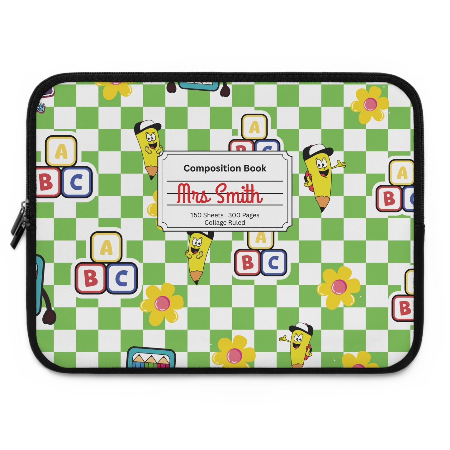 Personalized Green SchoolYard Chic Laptop Sleeve with Composition Book Inspired Design, Customizable Tech Case, School Supplies, Gift for Students, College Essentials, Back to School
