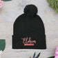 Red Pom-Pom Knit Cap with 'ELOHIM, GENESIS 1:1'  Embroidery Beanie - Stylish Winter Accessory for All Ages, Perfect Gift for Birthdays, Holidays, and Outdoor Activities