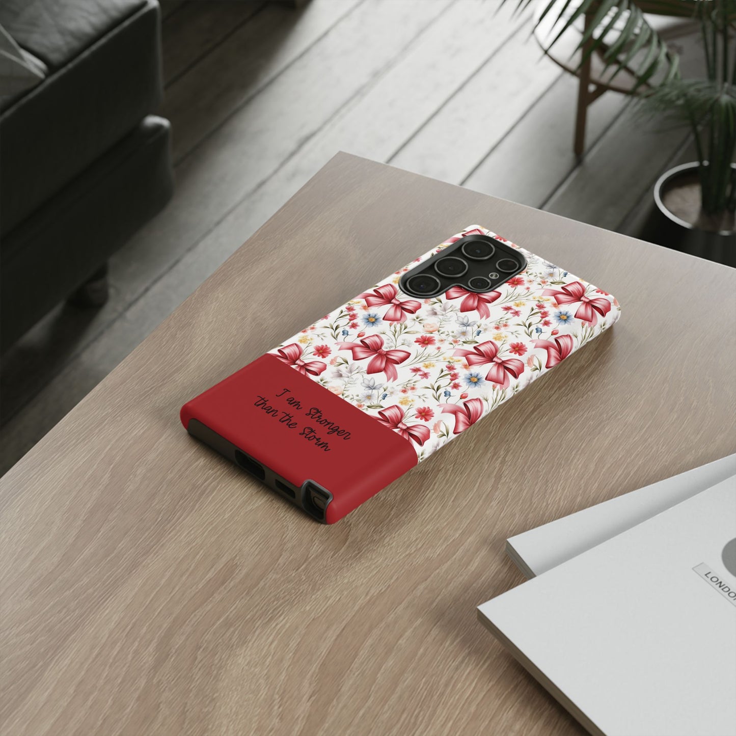 Personalized Rosette Coquette Phone Case - Custom Name/Message 'I Am Stronger Than The Storm' Floral Bow Protective Case