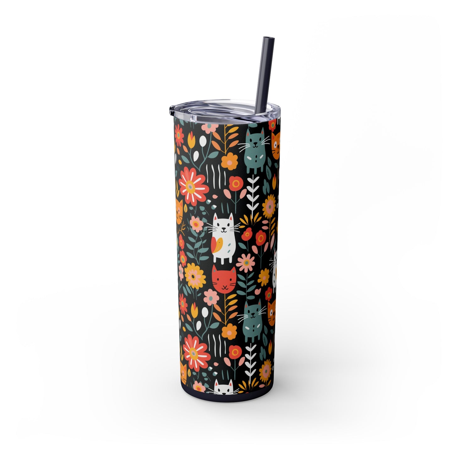 Whimsical Feline Garden Skinny Tumbler with Straw, 20oz