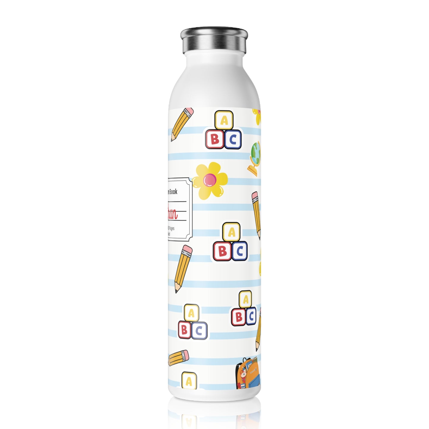 Personalized White SchoolYard Chic Composition Book Inspired Slim Water Bottle, Customizable Drinkware, Eco-Friendly Hydration Bottle, Perfect for Gifts, School Supplies, Back to School