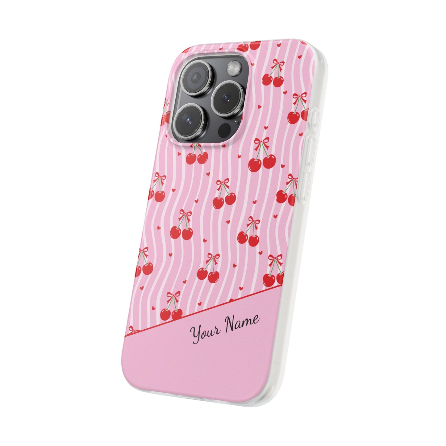 Personalized Cherry Blossom Dreams Flexi Case — Pink Retro Cherry iPhone® 7/8, 11, 12, 13, 14, 15, 16, 17, X/XS, SE, XR, Mini, Pro, Pro Max, Plus Cases.