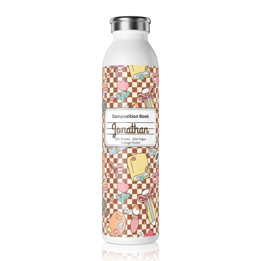 Personalized Composition Brown Doodle Daydream Book Inspired Slim Water Bottle, Customizable Drinkware, Eco-Friendly Hydration Bottle, Perfect for Gifts, School Supplies, Back to School