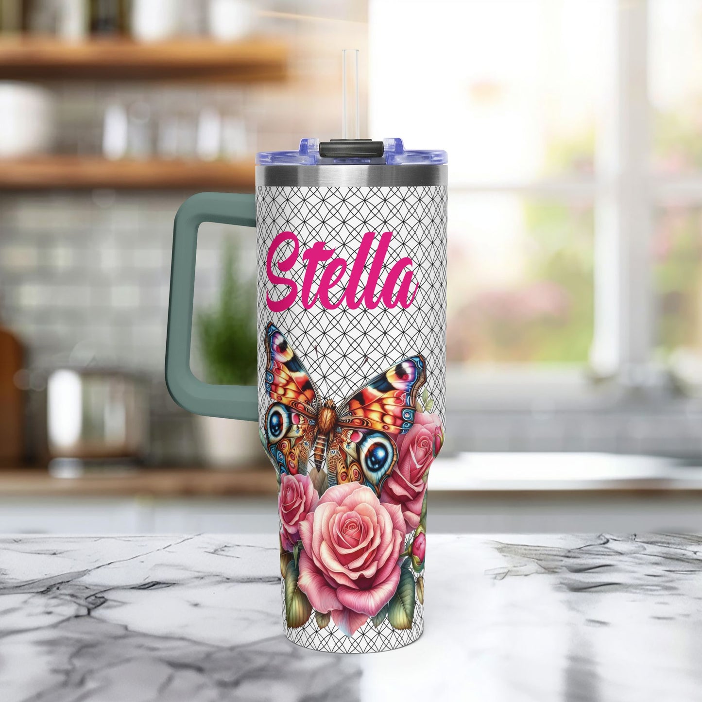 40oz Floral Butterfly Tumbler — Personalized "Name and Affirmation" Vacuum Insulated Cup