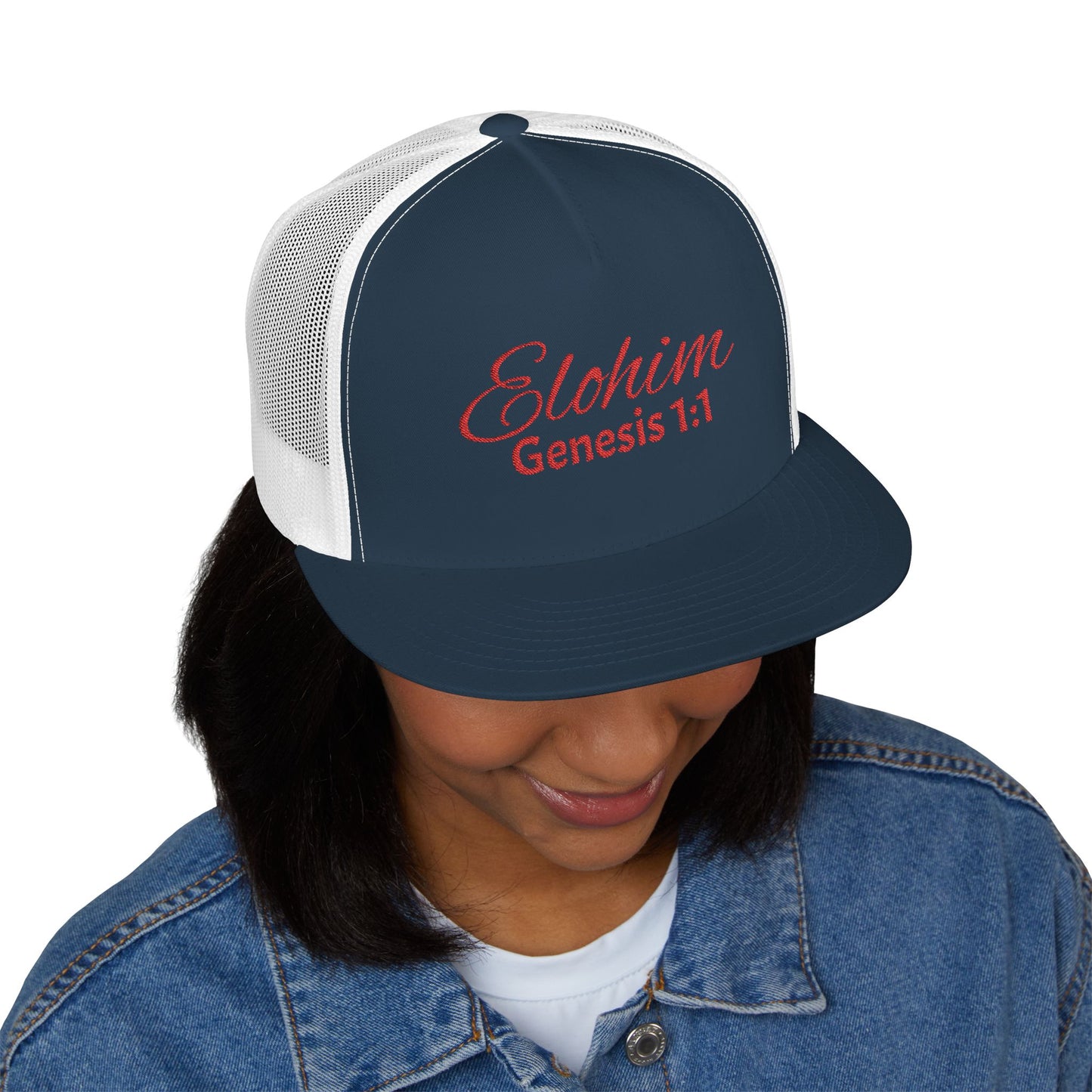 Red 'ELOHIM, GENESIS 1:1'  Embroidered 5 Panel Trucker Cap | Casual Style Hat, Adjustable, Unisex, Perfect Gift for Outdoors, Festivals, Daily Wear