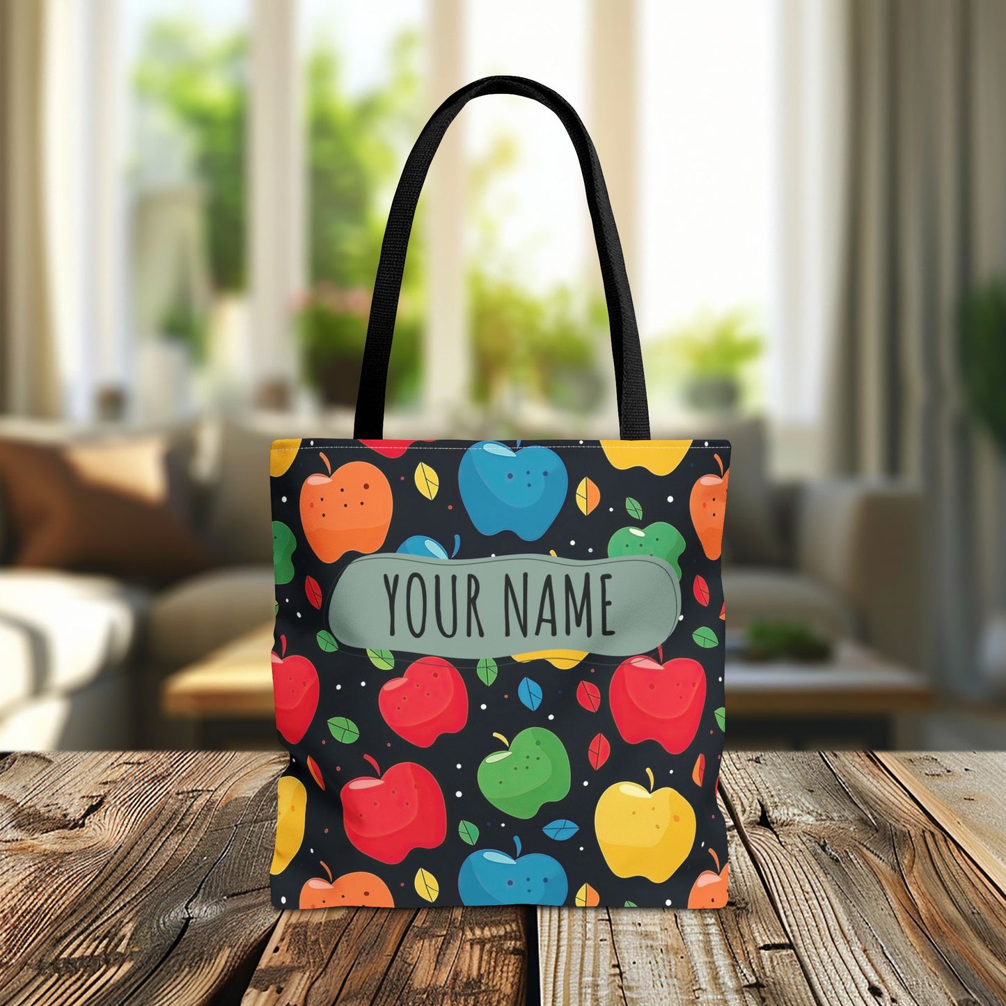 All-Over Apple Print Personalized Tote Bag — Durable Everyday Carry (3 Sizes, 5 Handle Colors)